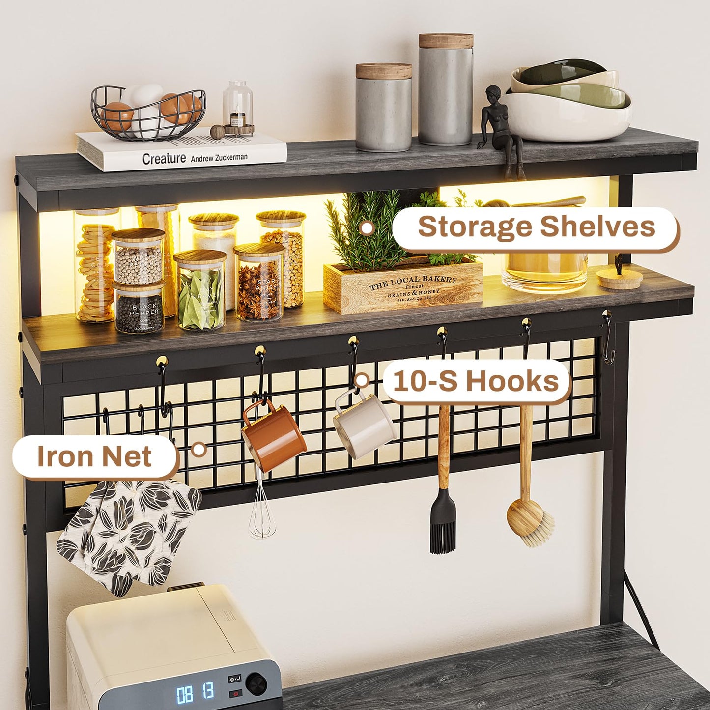 Black With Power Outlet and Led Light Kitchens Rack