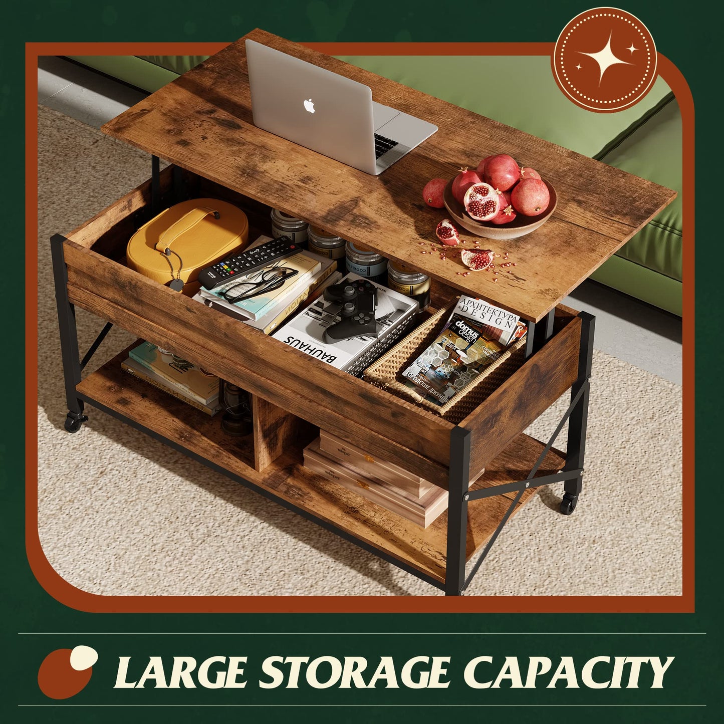 41.3" Lift Top Coffee Table with 4 Wheels