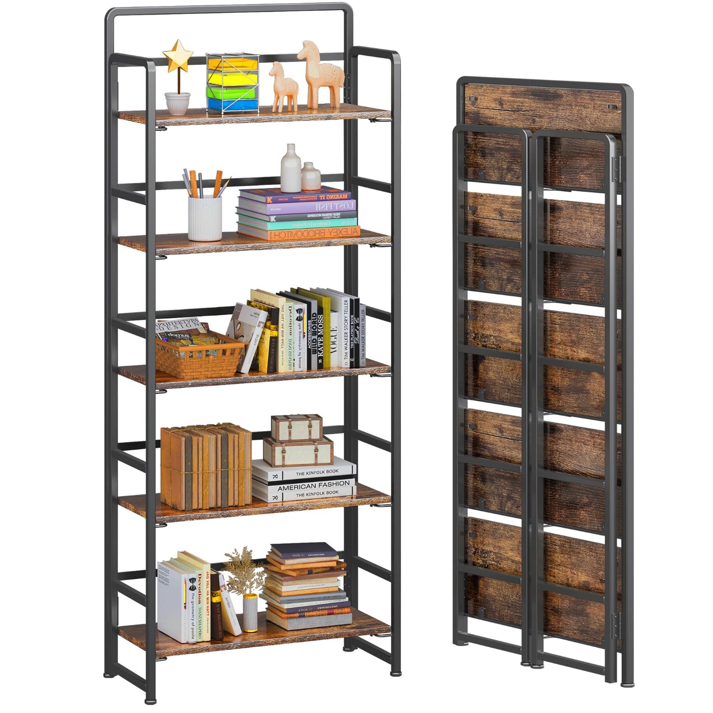 Rustic Brown 5 Tiers Folding Bookshelf Storage Shelves