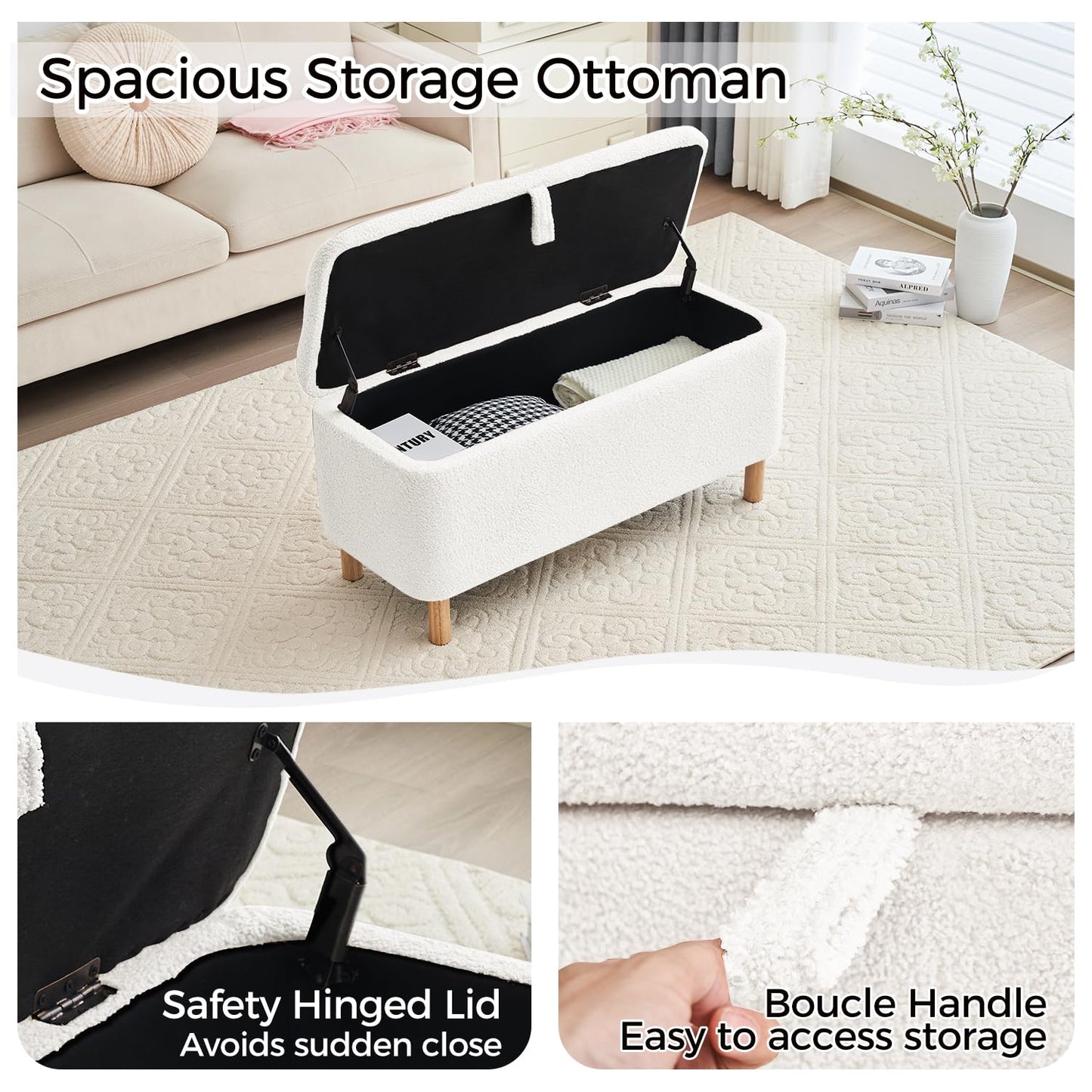 Boucle Upholstered Padded Storage Bench