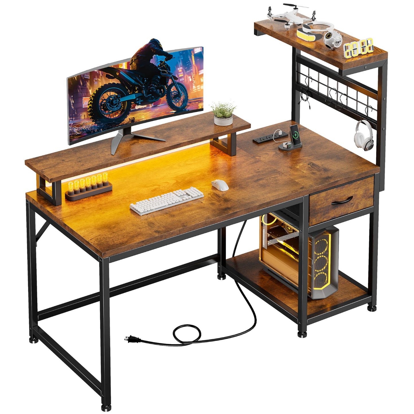 Rustic Brown Computer Desk with Drawer and Shelves