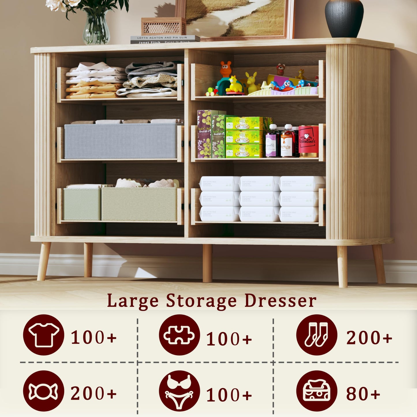 Fluted 6 Drawers Dresser for Bedroom - Curved Profile Design