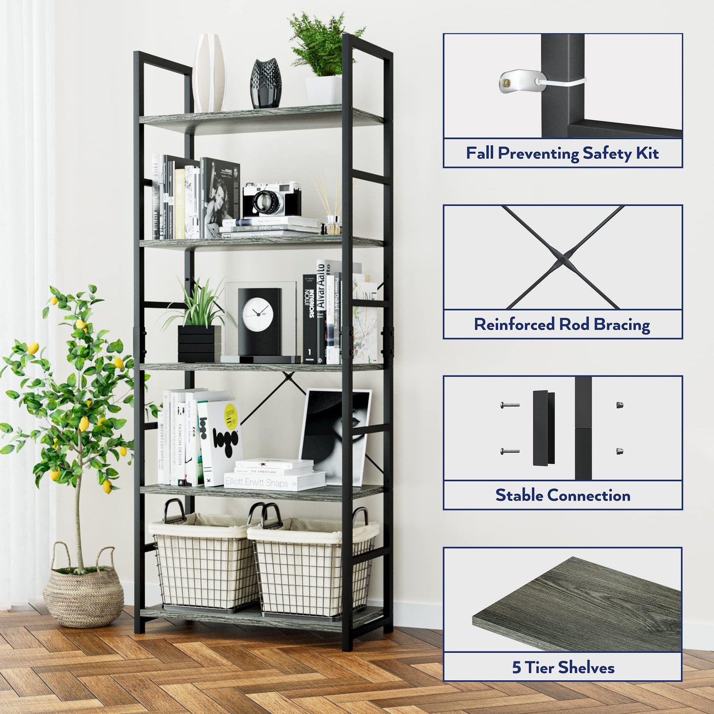 Dark Grey 5 Tier Bookshelf