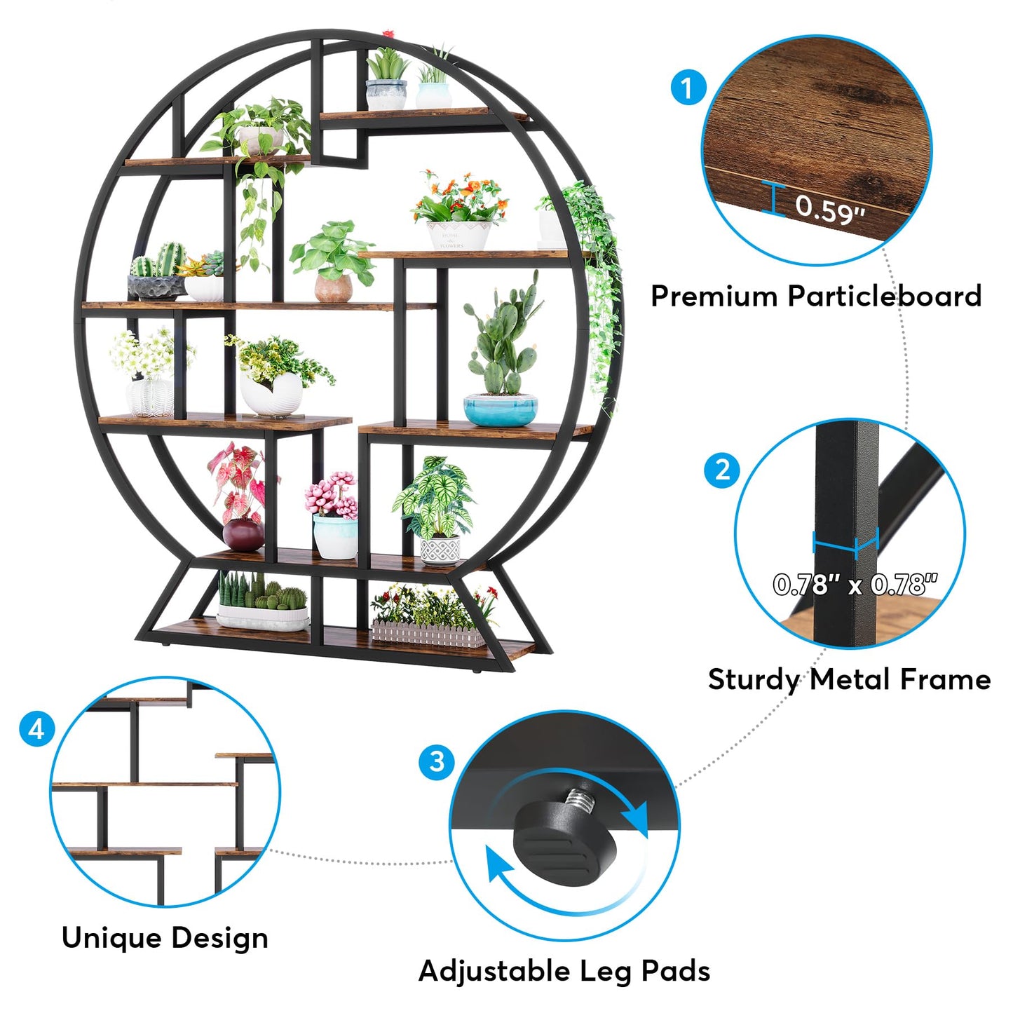 63 Inch Round Plant Shelf Holder, Flower Pot Stands with 8 Shelves