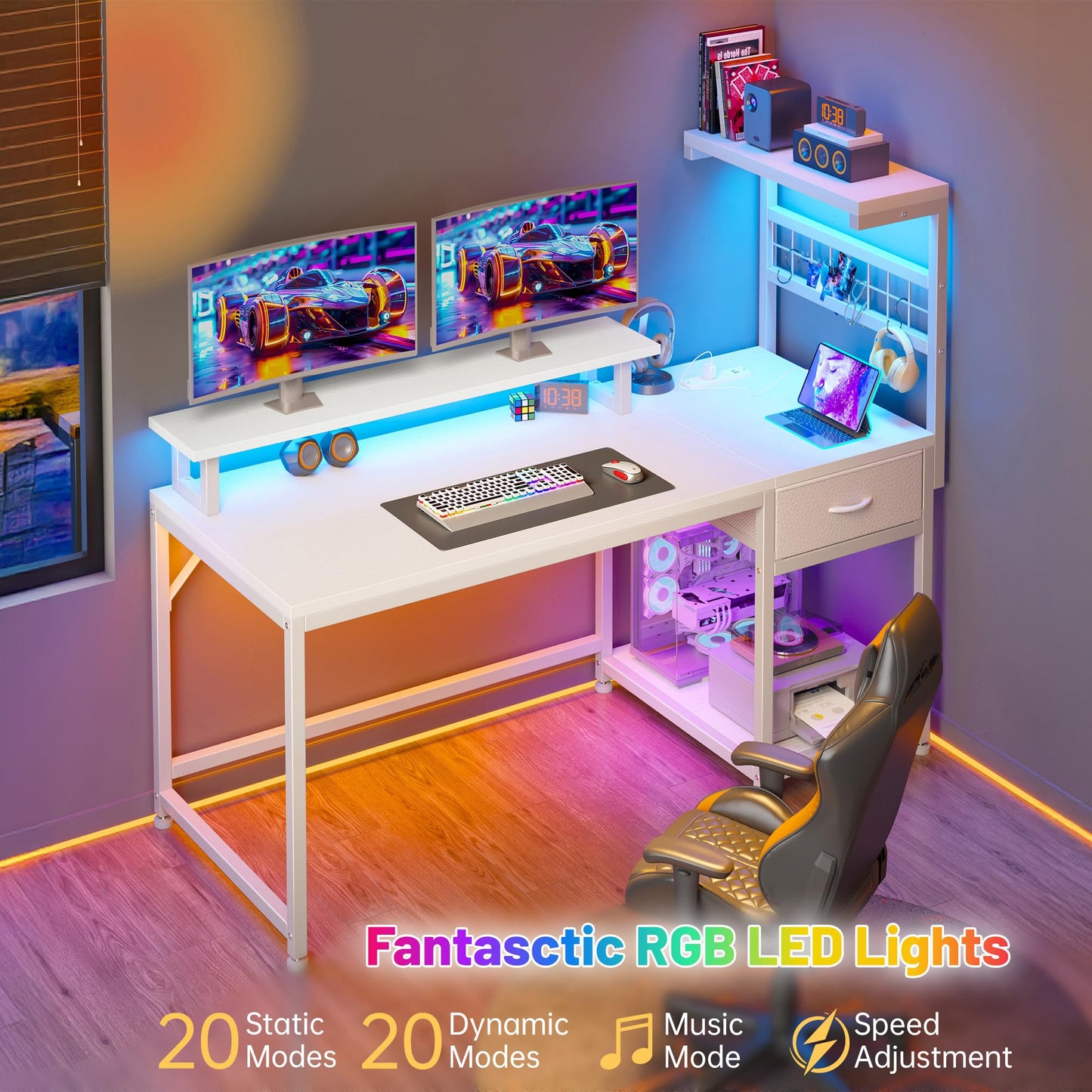 White Computer Desk with Drawers and Shelves