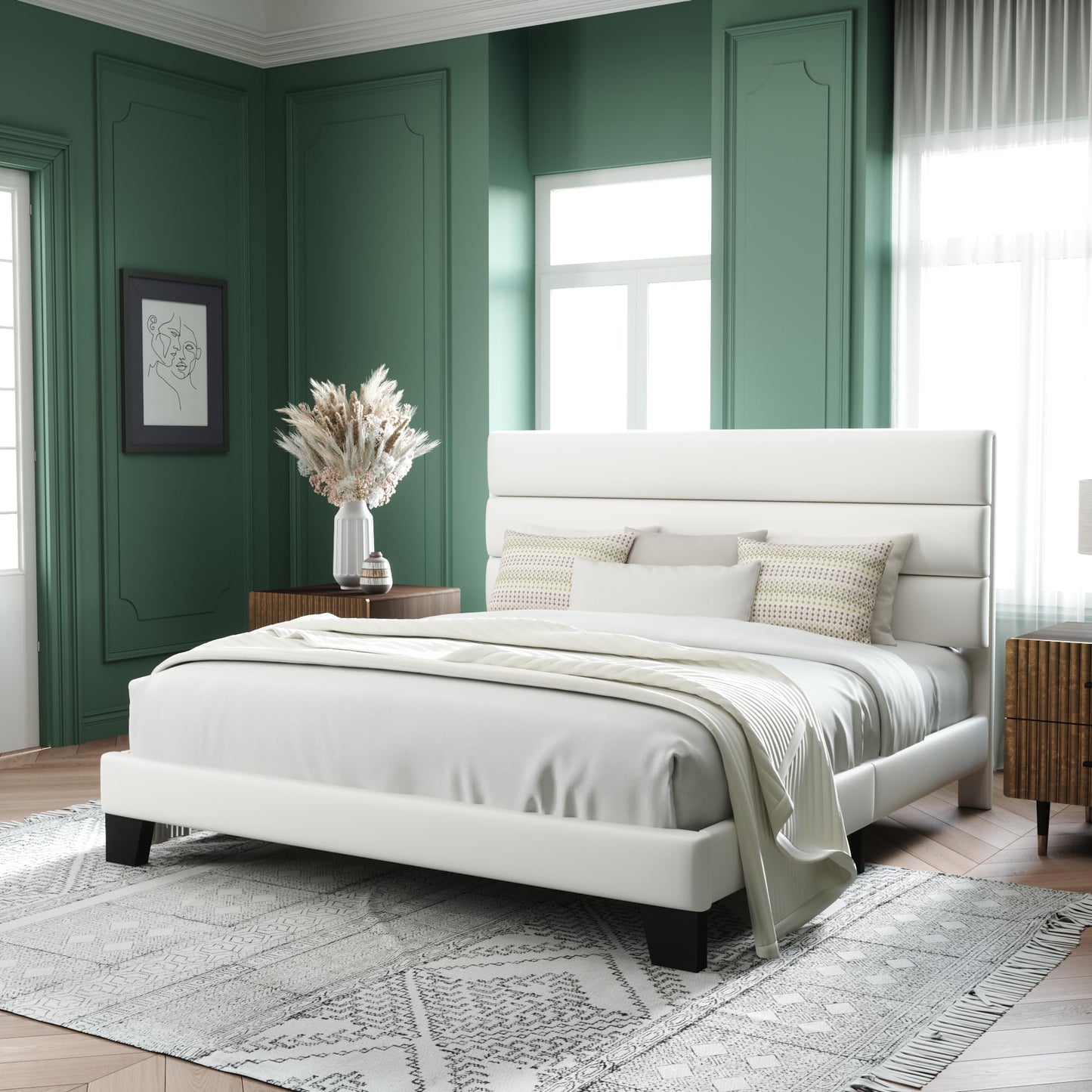 King Size Platform Bed Frame with Velvet Upholstered Headboard
