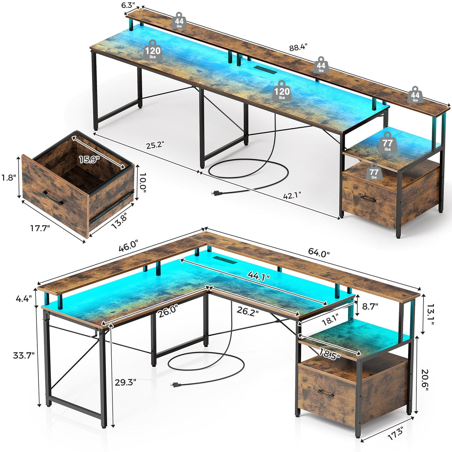 Rustic Brown Computer Desk with Built in LED Light