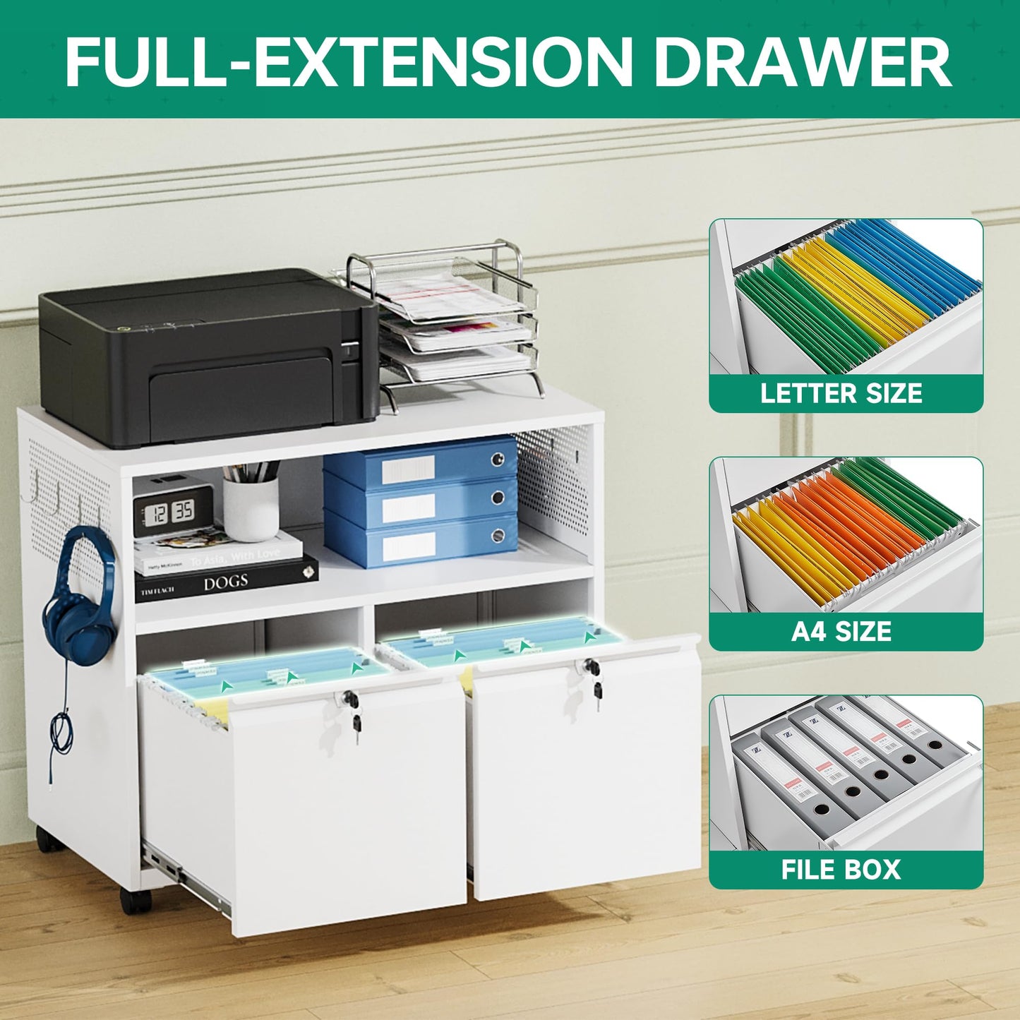 2 Drawer File Cabinet with Lock, Metal Lateral Printer Stand