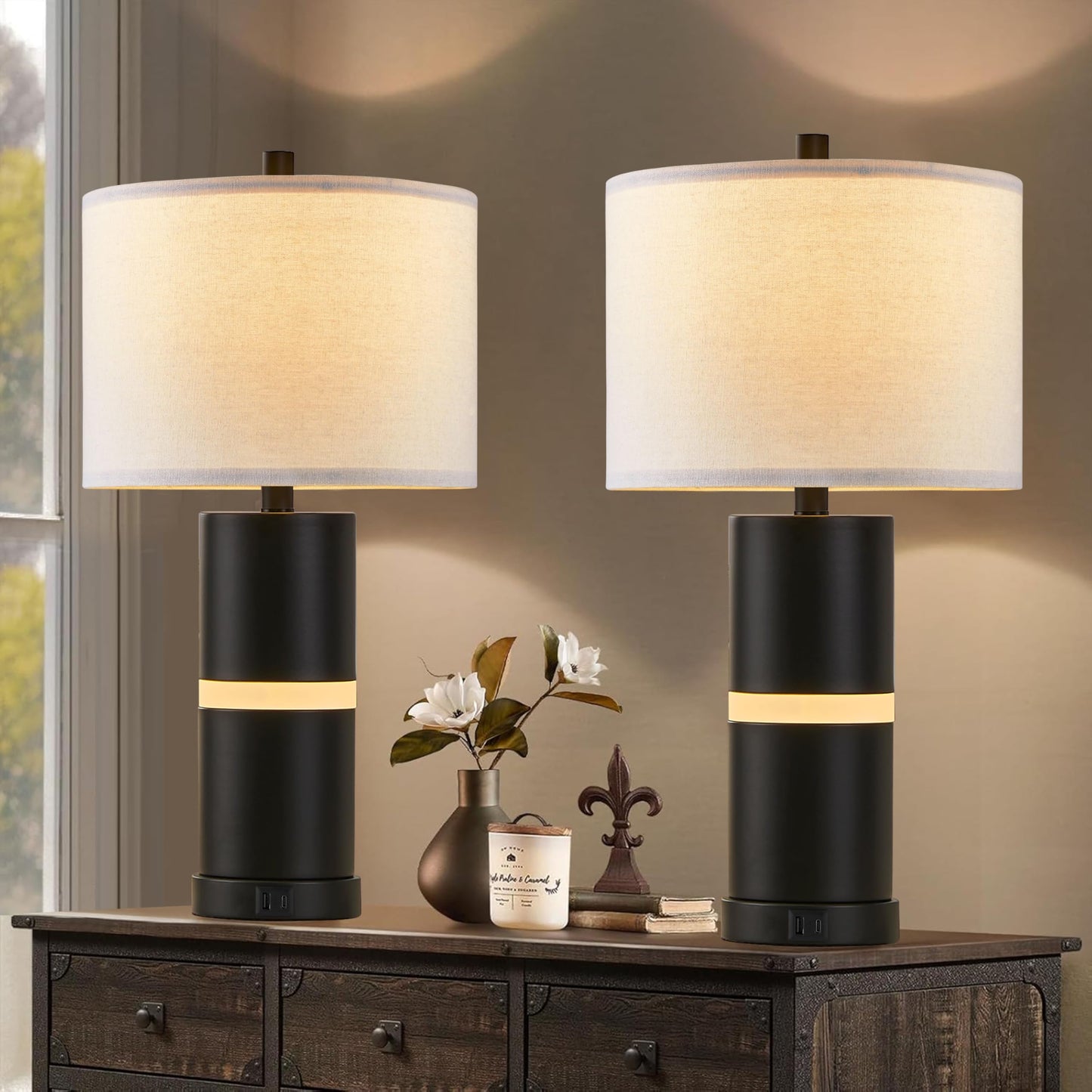 23.25'' Black USB Table Lamp Set