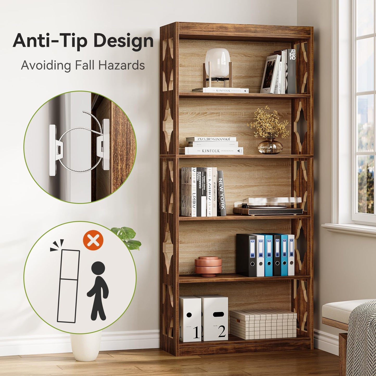 Rustic Brown 5-Tier Tall Bookshelves