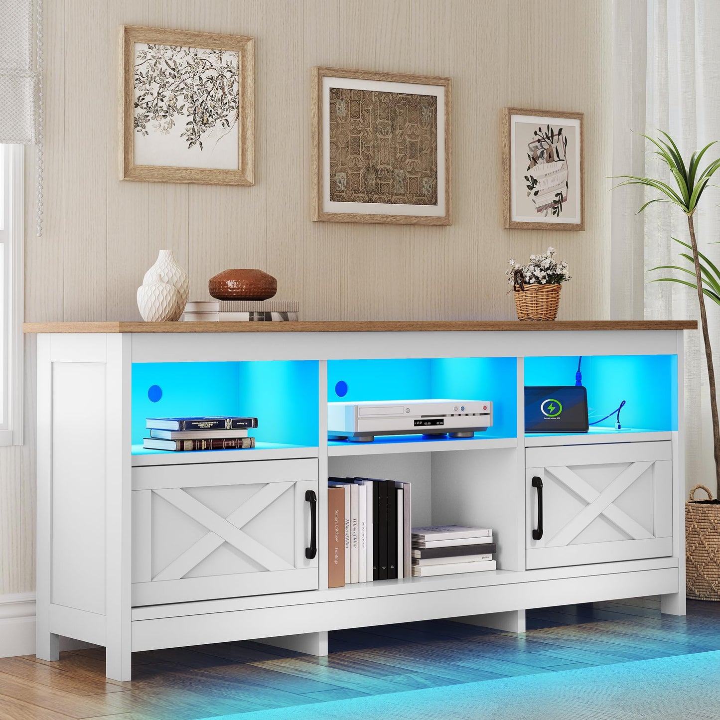 White & Walnut 65 Inch's TV Stand