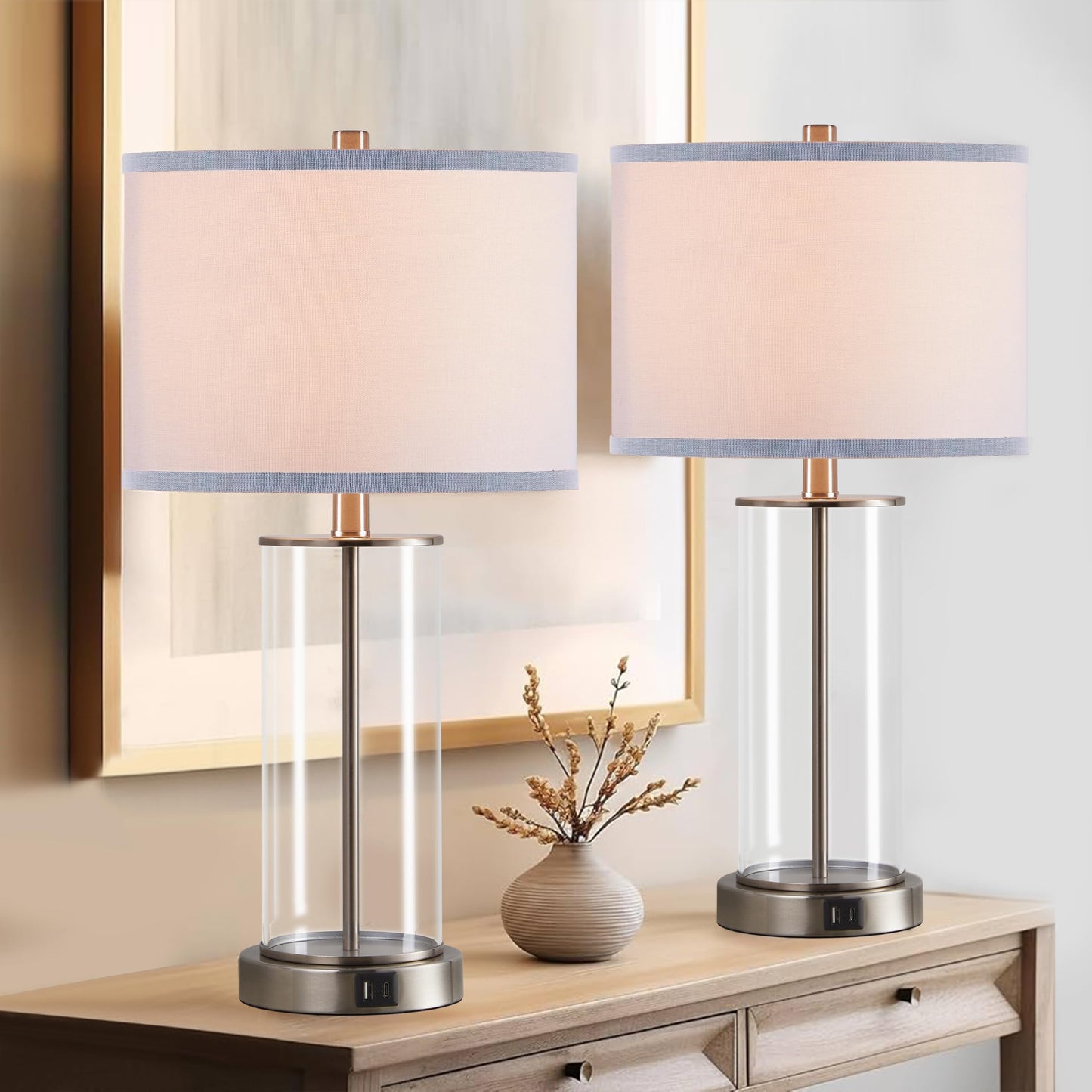 23" Touch Control USB Glass Table Lamp Set of 2