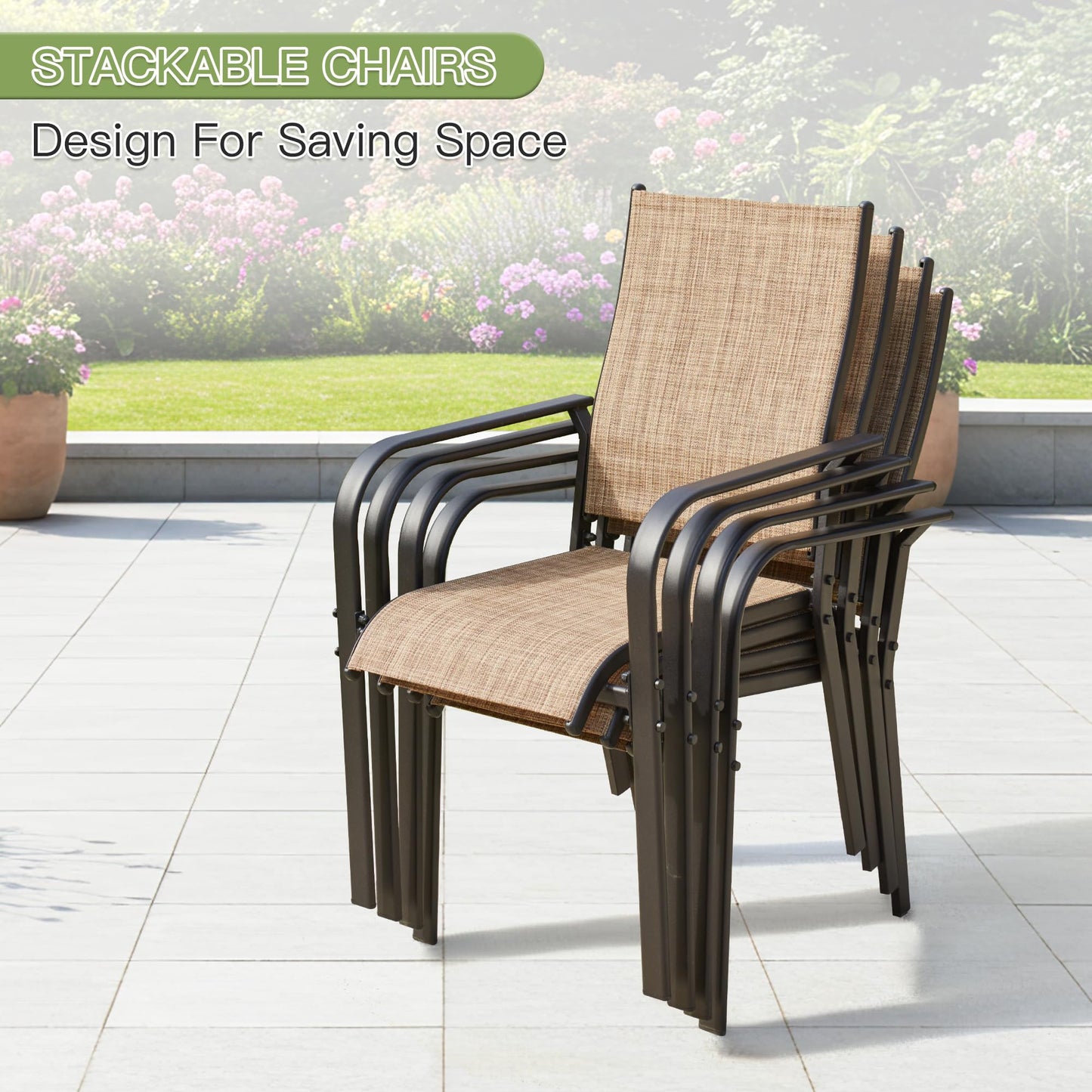 Stackable chairs on a patio with a garden view in the background