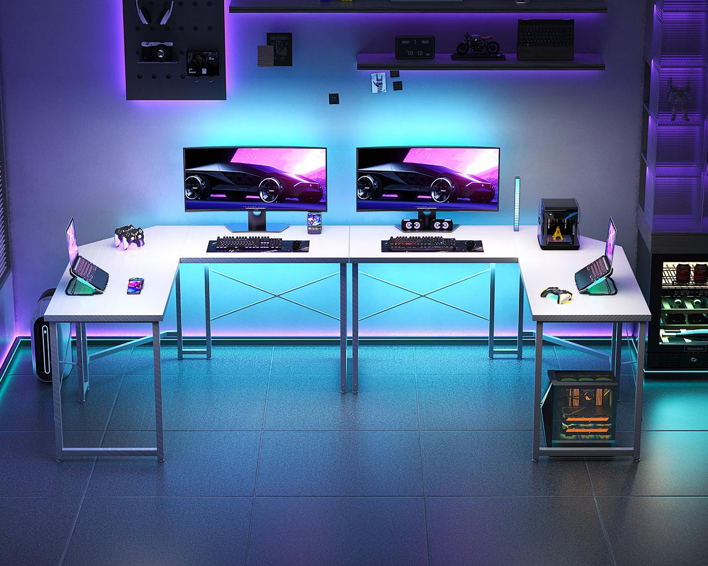 Carbon Fiber Surface, White L Shaped Gaming Desk