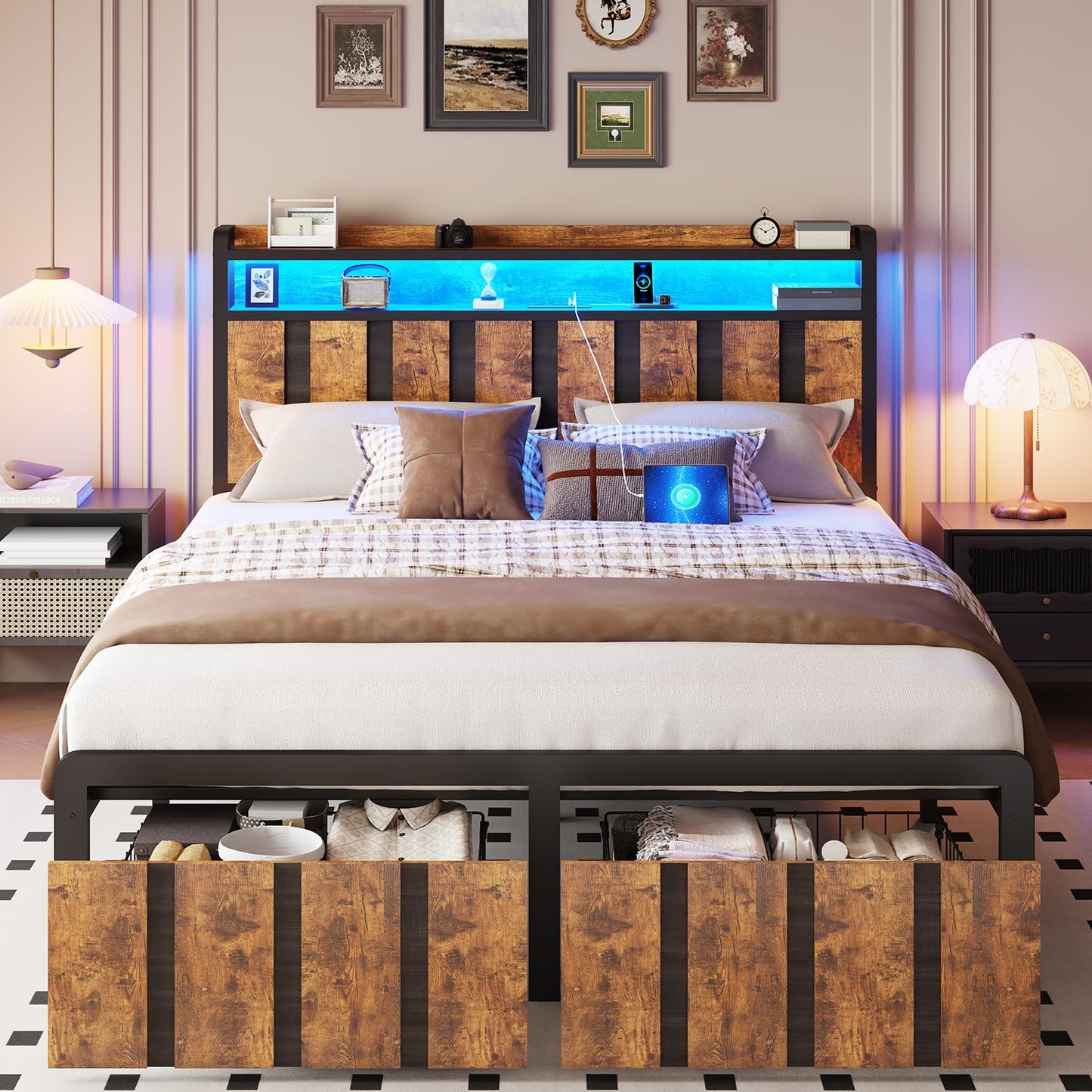 Bed Frame with Storage Headboard & Dual Built-in Storage Drawers