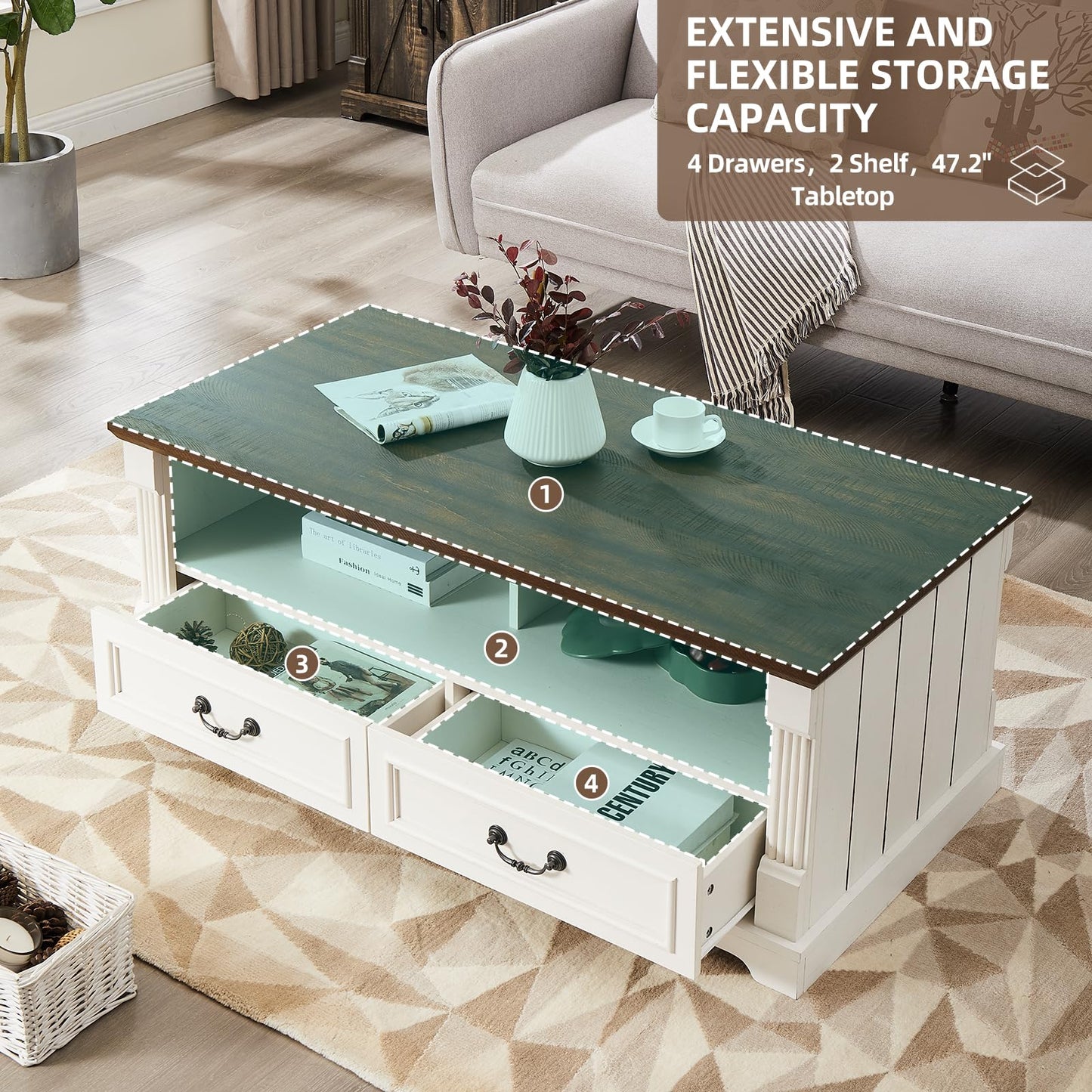 Wood Coffee Table for Living Room White And Brown