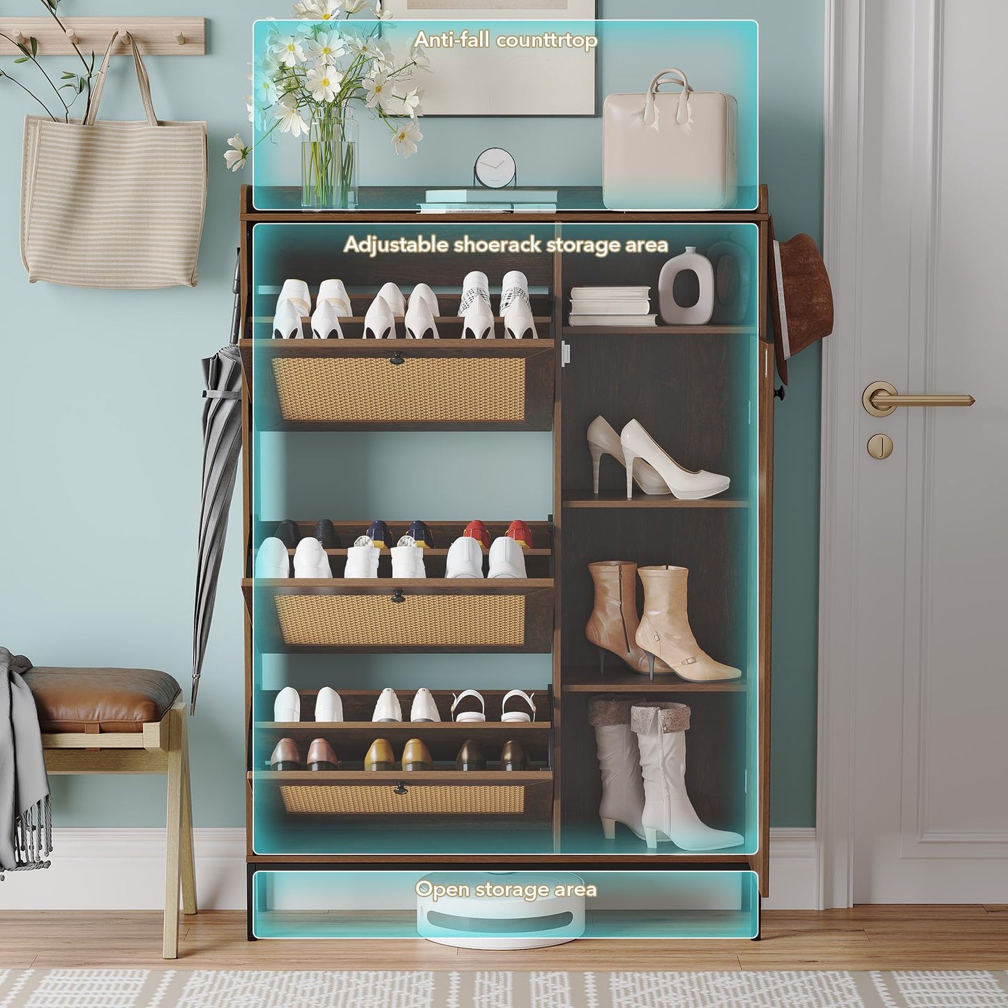 3 Tier Shoe Cabinet with Flip Drawers