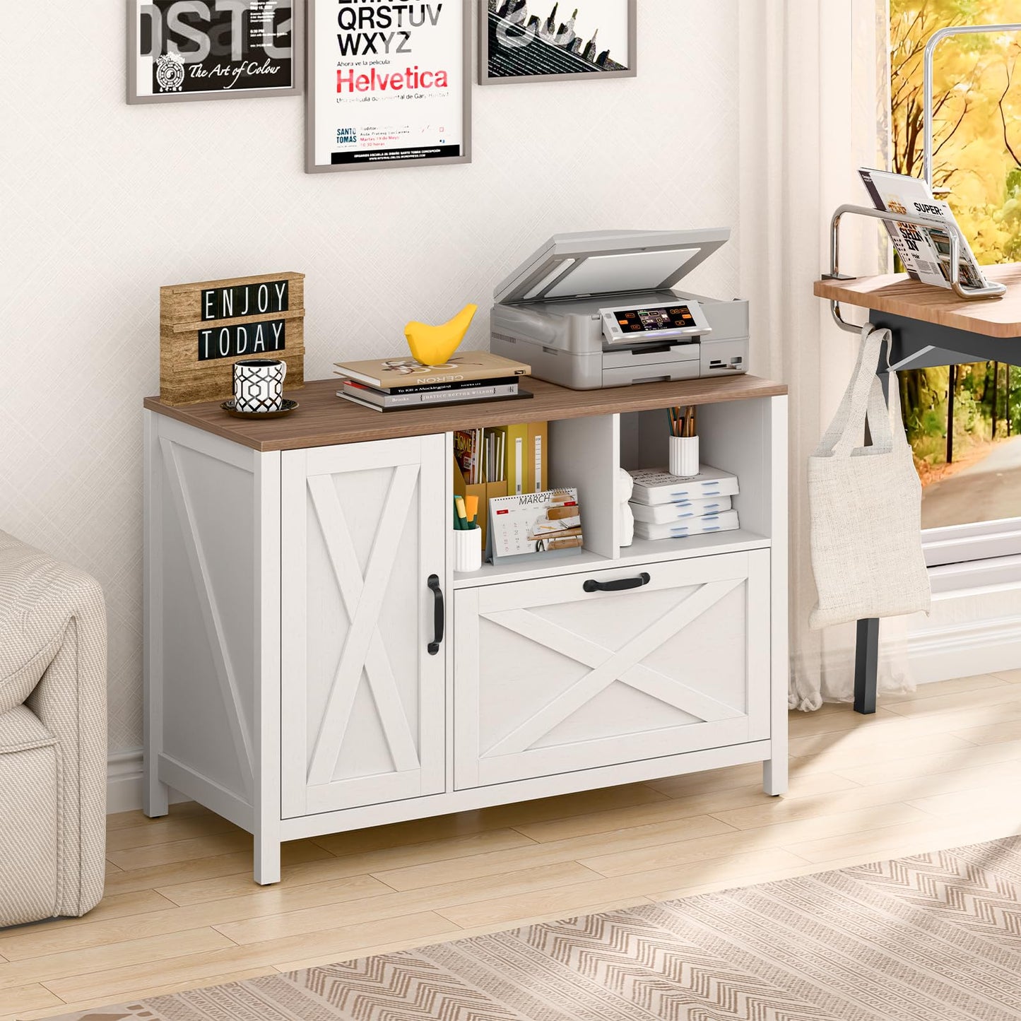 Lateral File Cabinet with Large Drawer and Door Farmhouse File Cabinet for Letter/Legal/A4 Size Hanging Files, Large Wood File Storage Cabinets Printer Stand for Home Office Cabinet, White