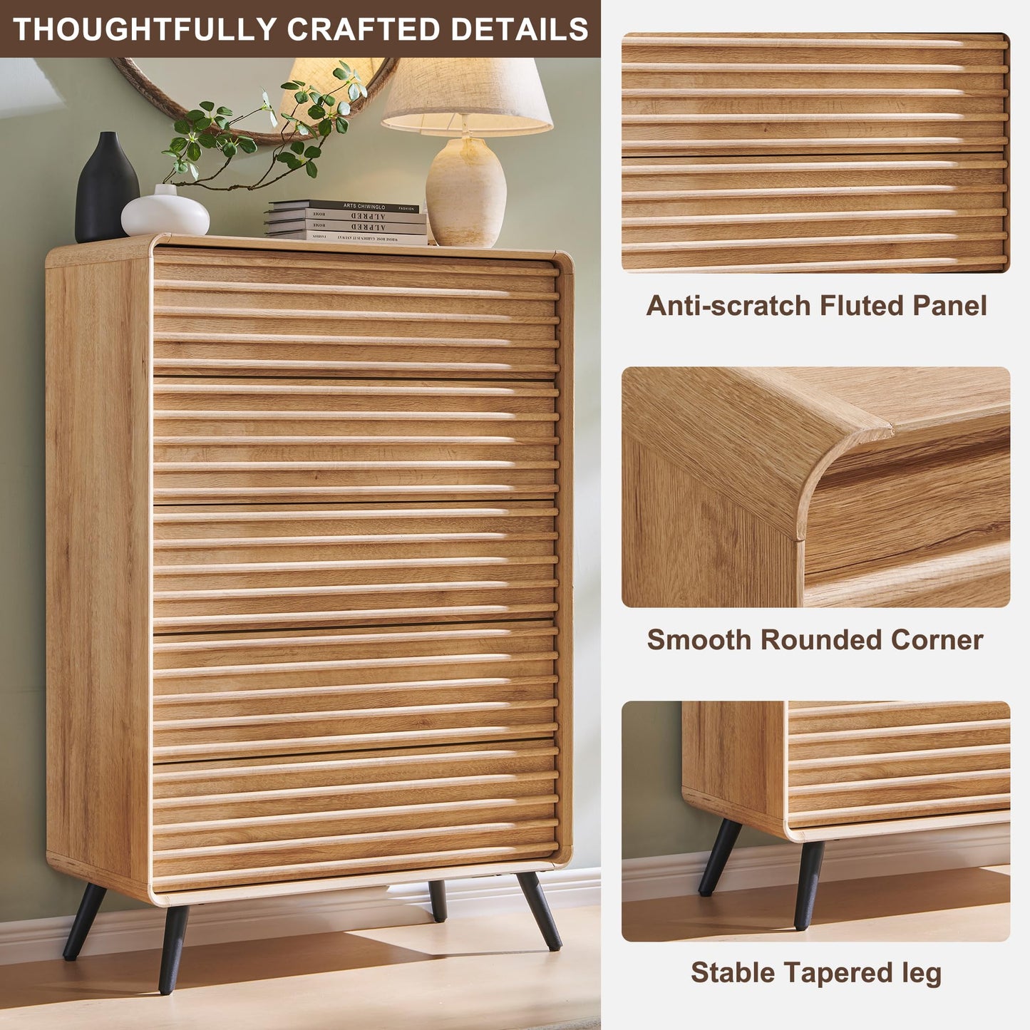 Wooden cabinet with detailed features highlighted on a neutral background