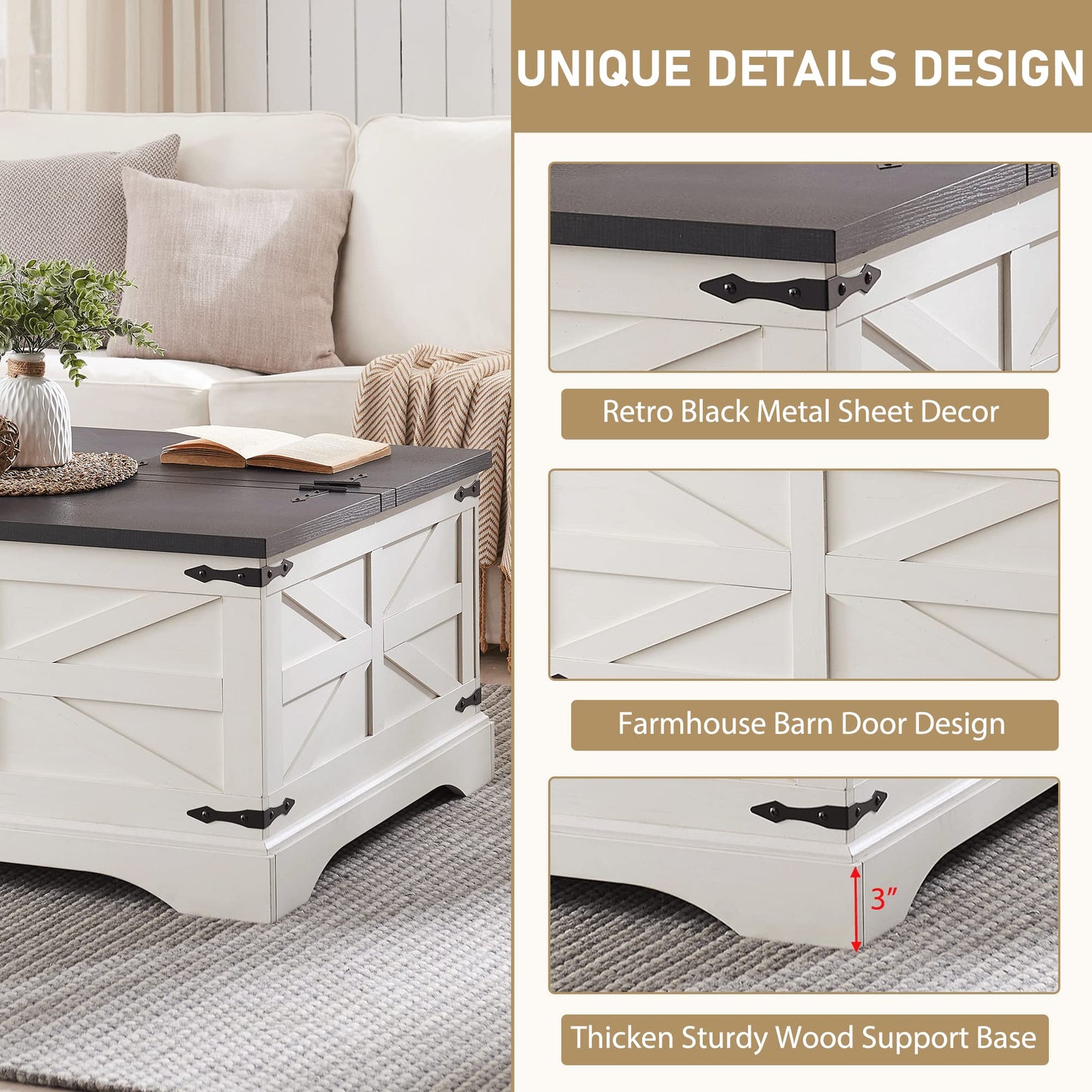 White Farmhouse Coffee Table, Square Wood Center