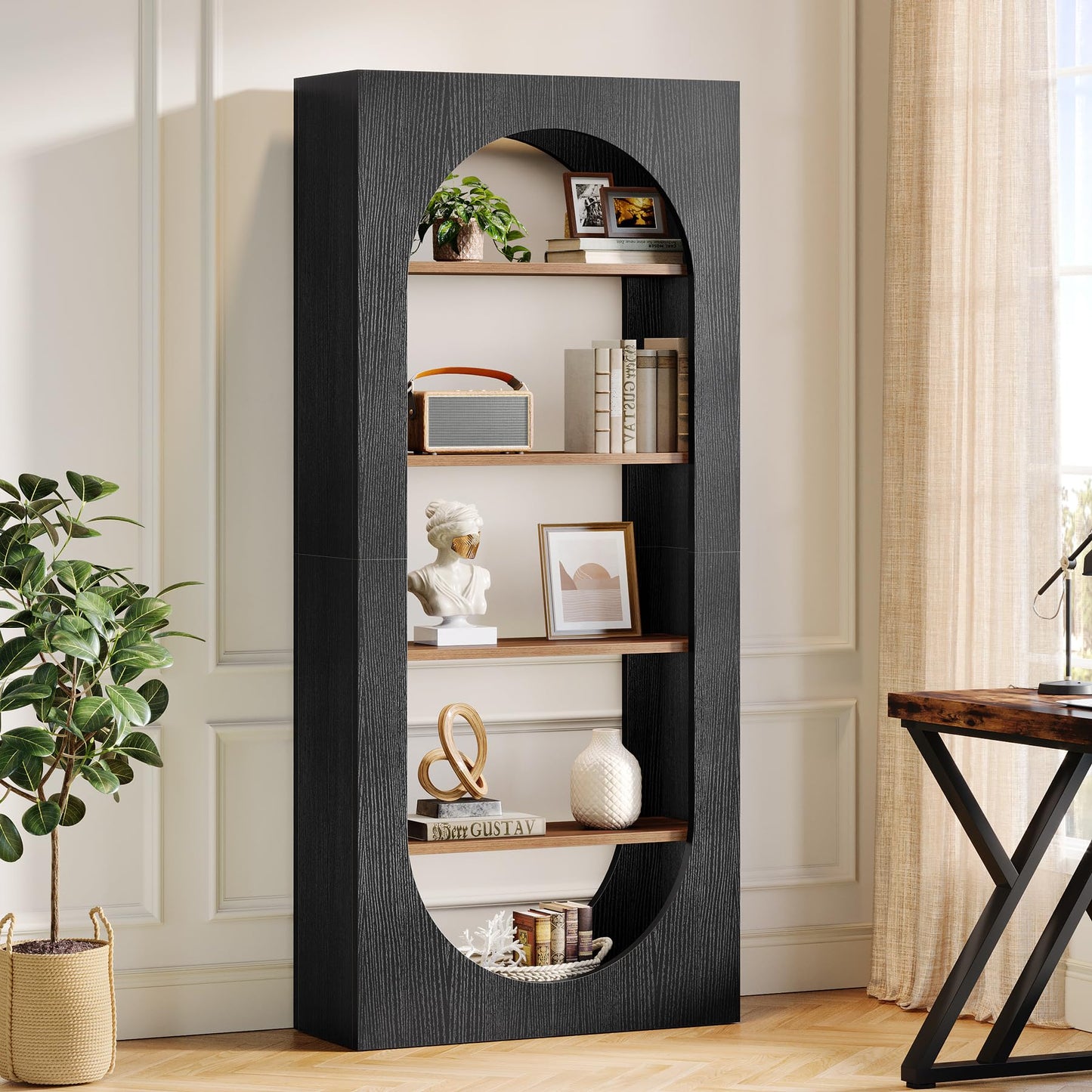 70.87-Inch Tall Arch Bookcase with Storage