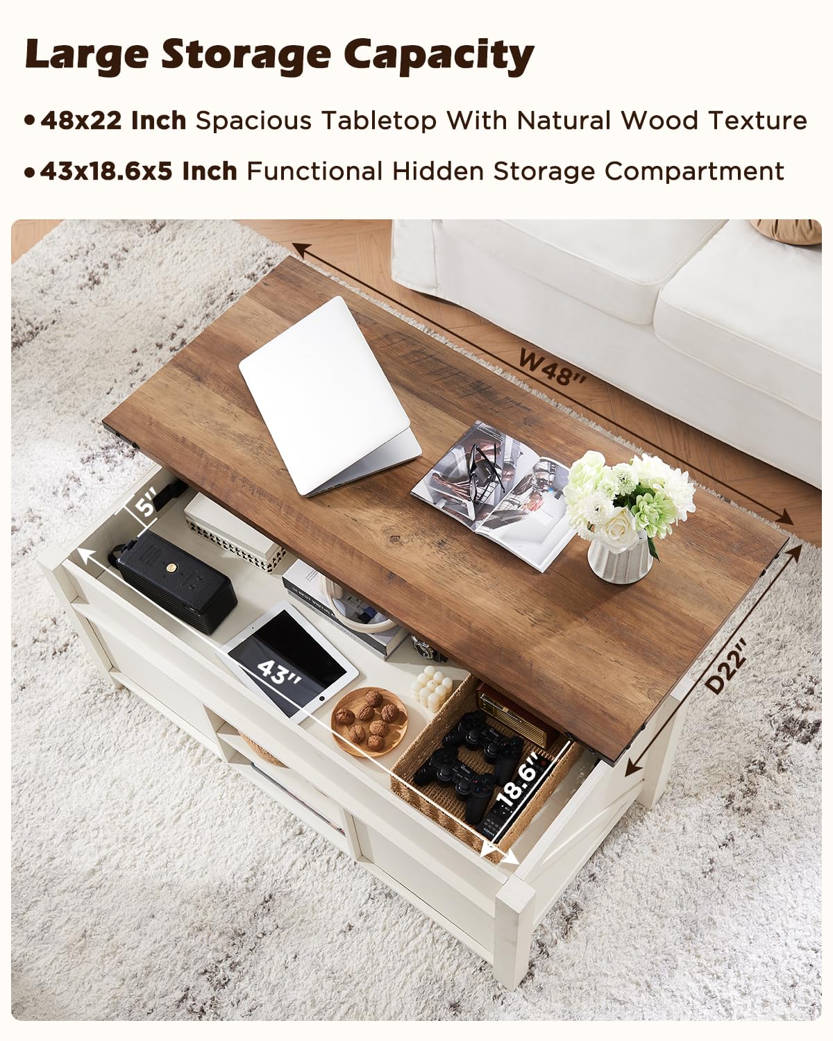 Farmhouse Lift Top Coffee Table White And Brown