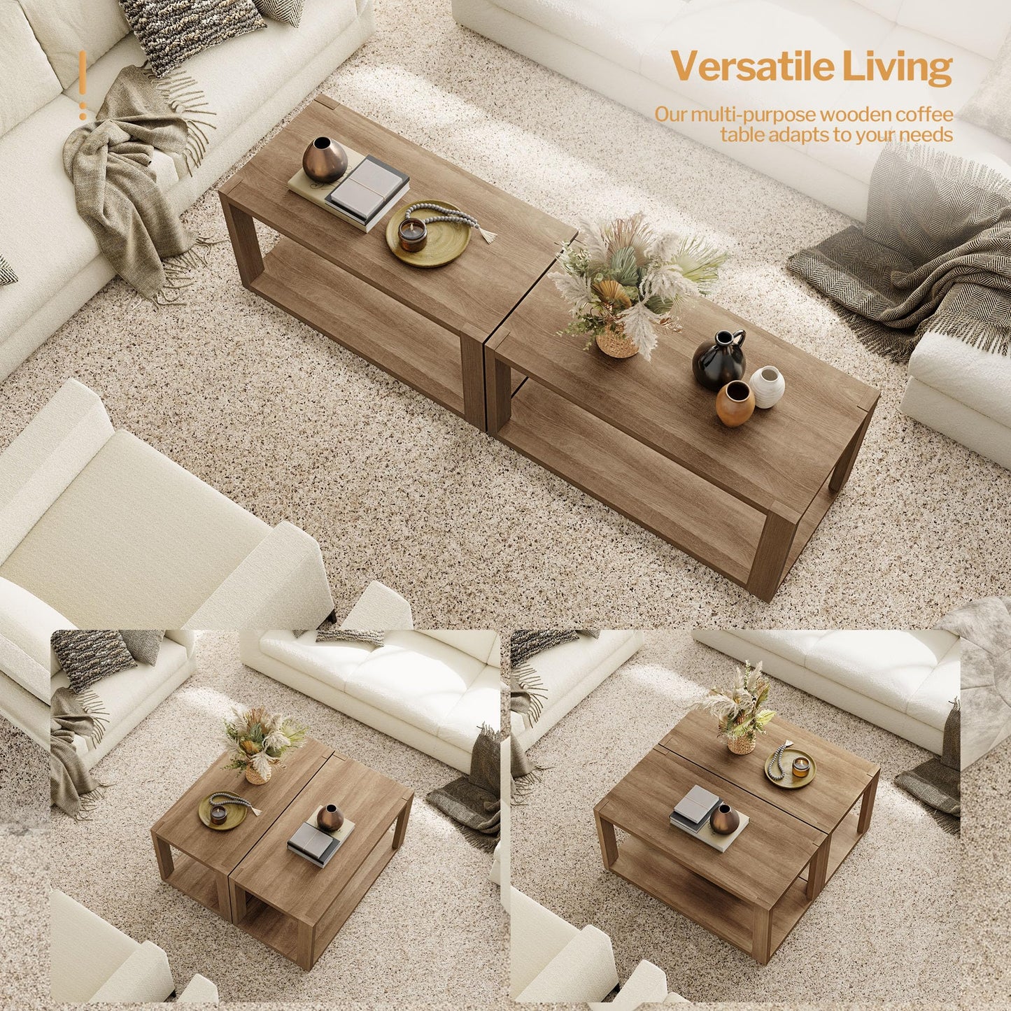 Reclaimed Caramel Farmhouse Wood Nesting Coffee Tables Set