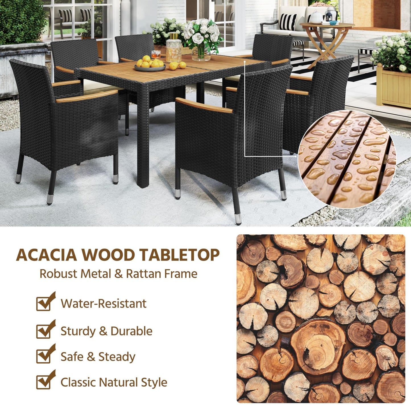 Black/Beige Dining Acacia Wood Table