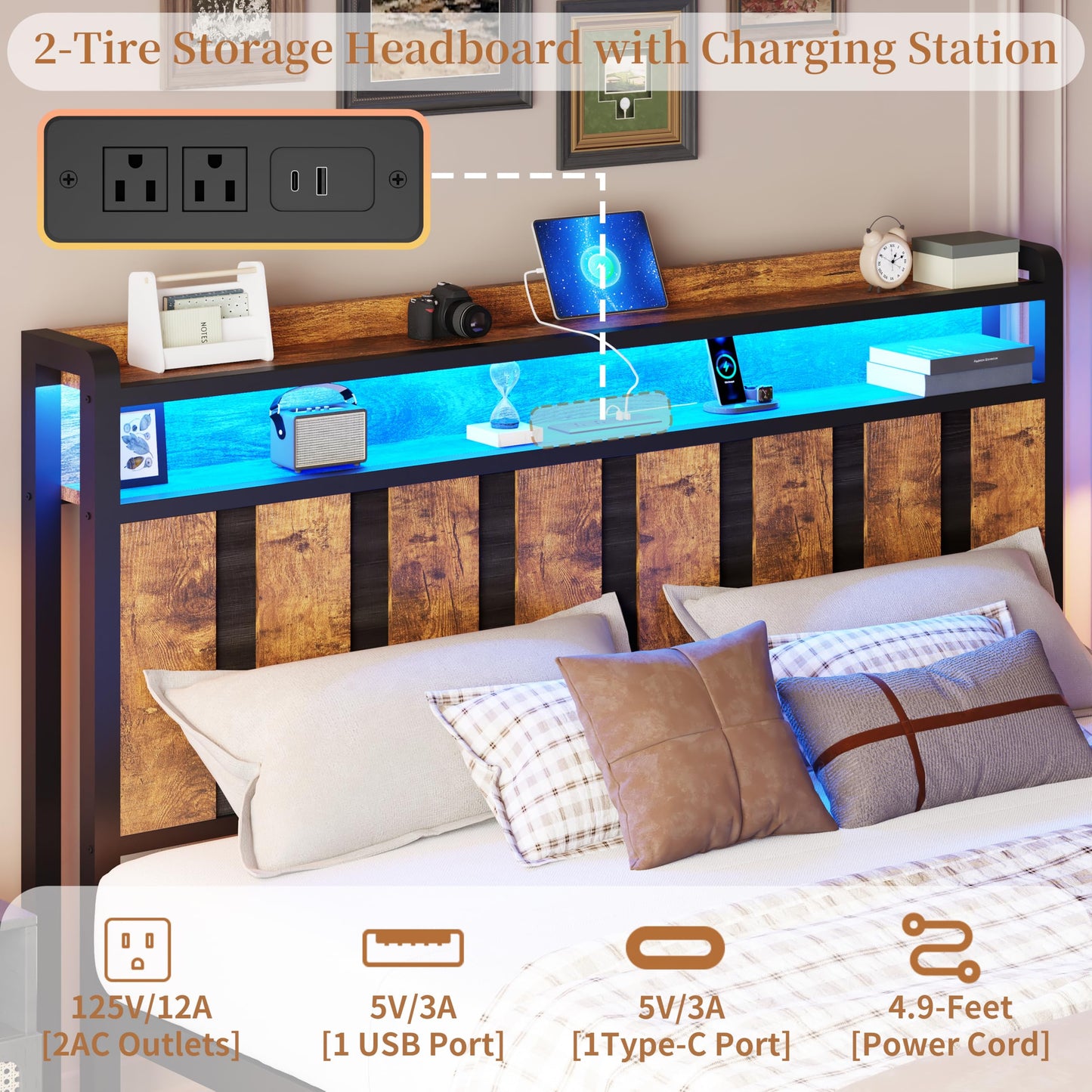 Bed Frame with Storage Headboard & Dual Built-in Storage Drawers