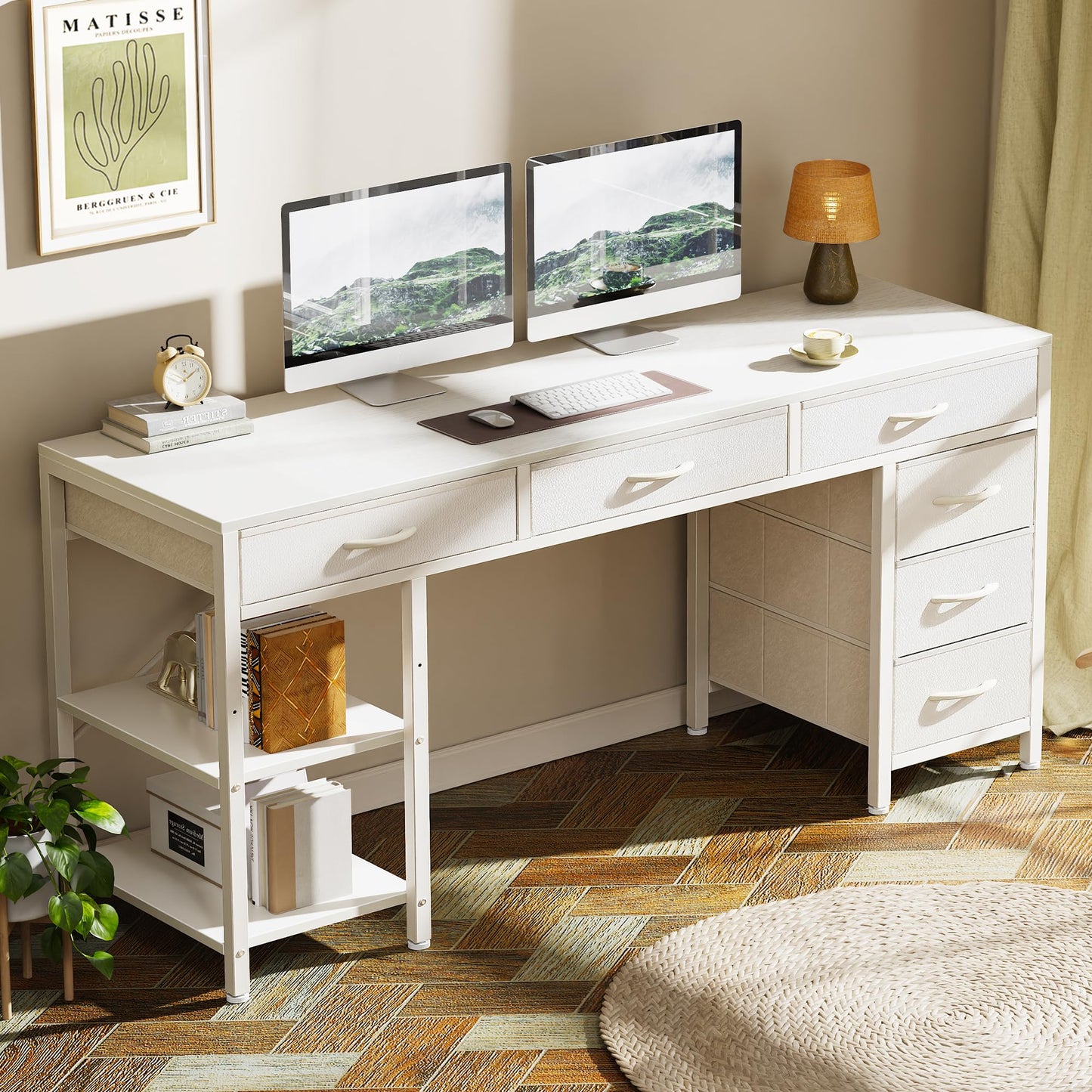 White - 54 inch Huuger Computer Desk with 6 Drawers