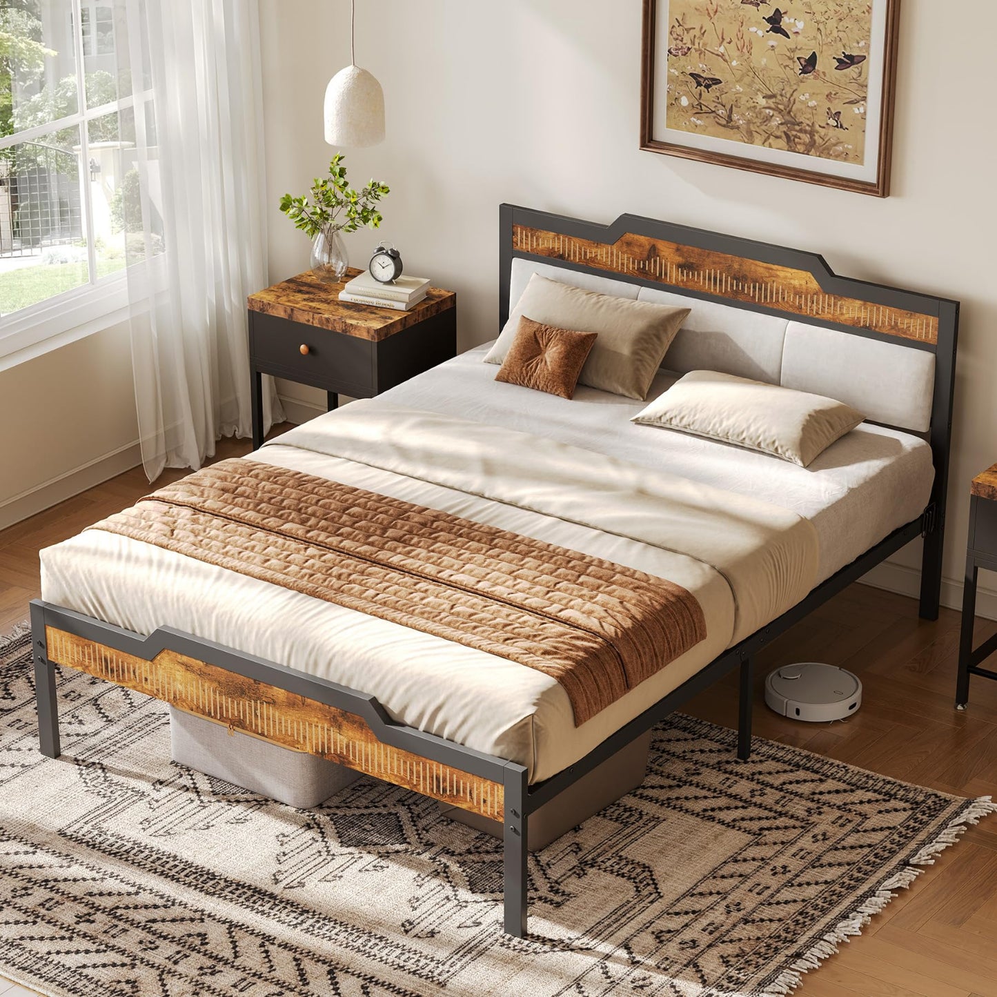 Bed Frame with Upholstered Headboard and Wooden Footboard