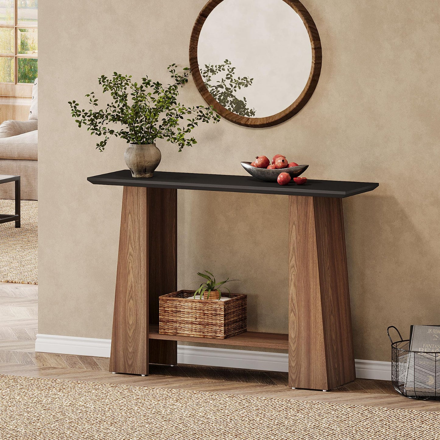Console table with decorative items in a living room setting
