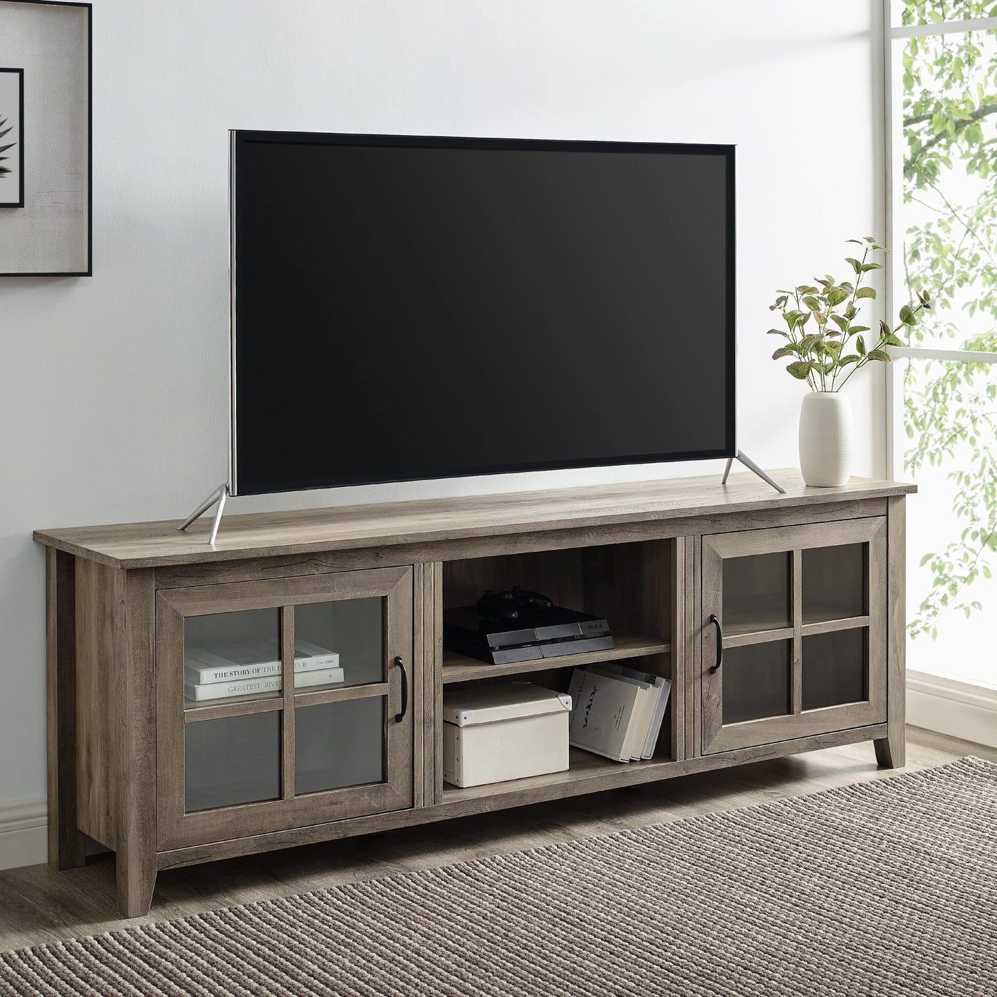 Grey Wash - 80 Inches, 70 Inch 2 Glass Door TV Stand