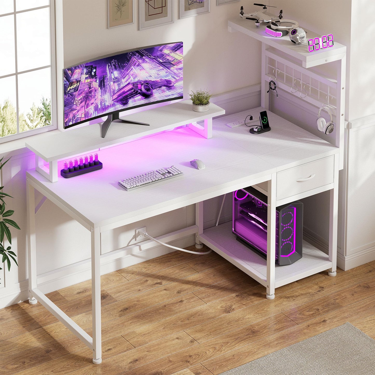 White Computer Desk with Drawers and Shelves