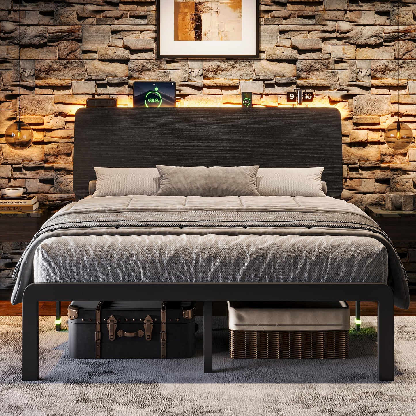 Queen Bed Frame with Ergonomic Storage Headboard