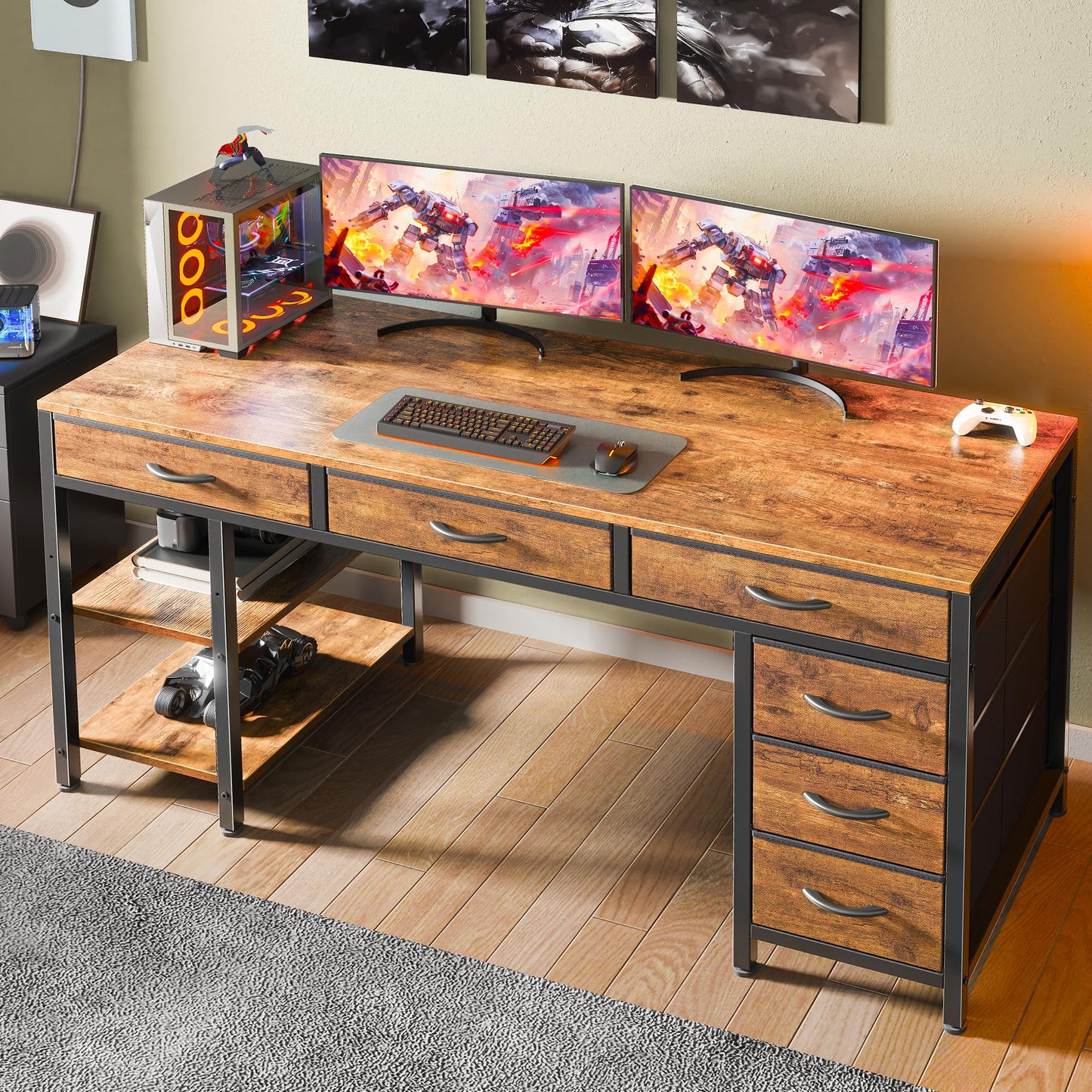 Rustic Brown - 54 Inch Office Desk with 6 Drawers