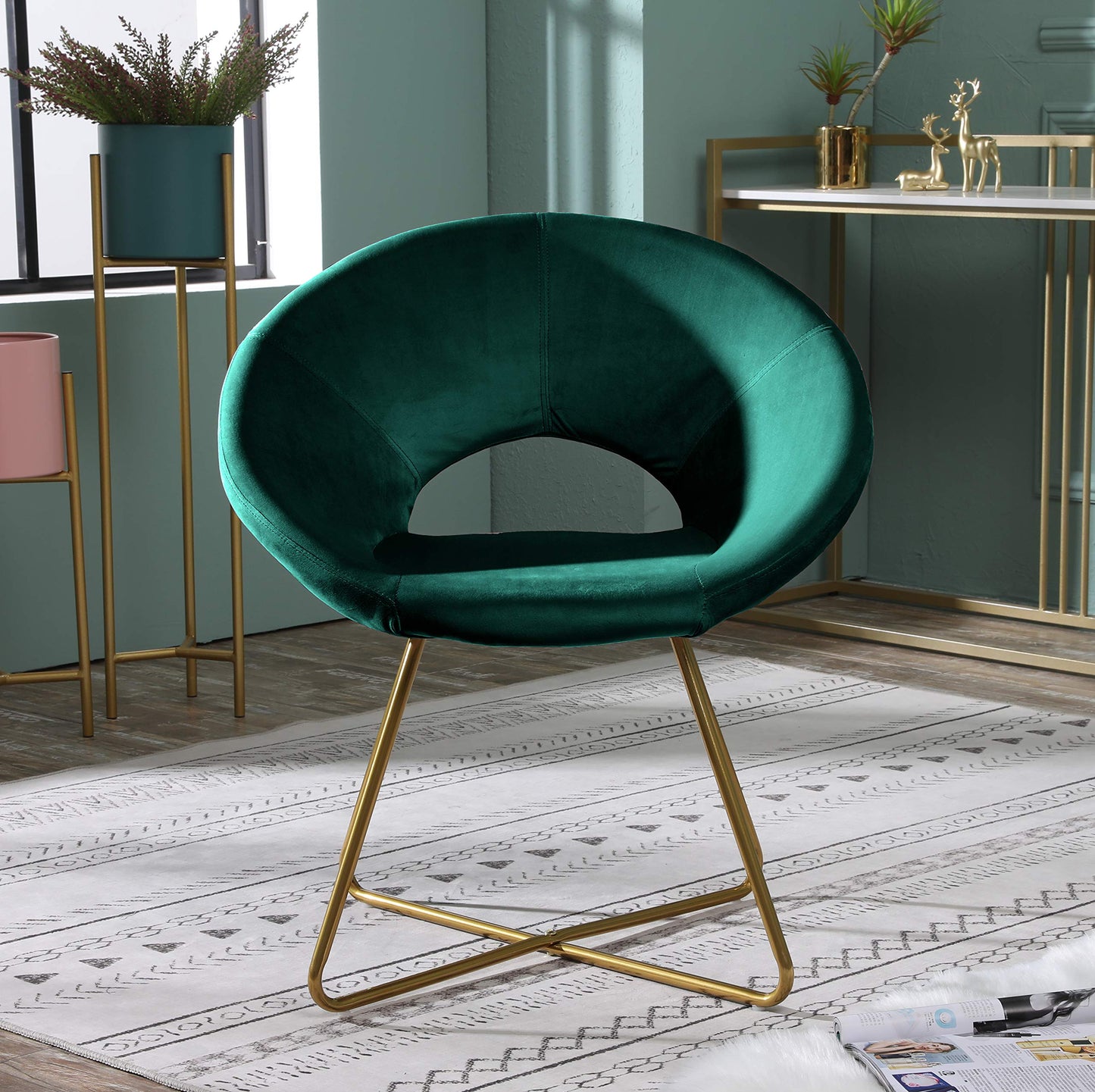 Velvet Upholstered Accent Chair with Gold Tone Finished Base