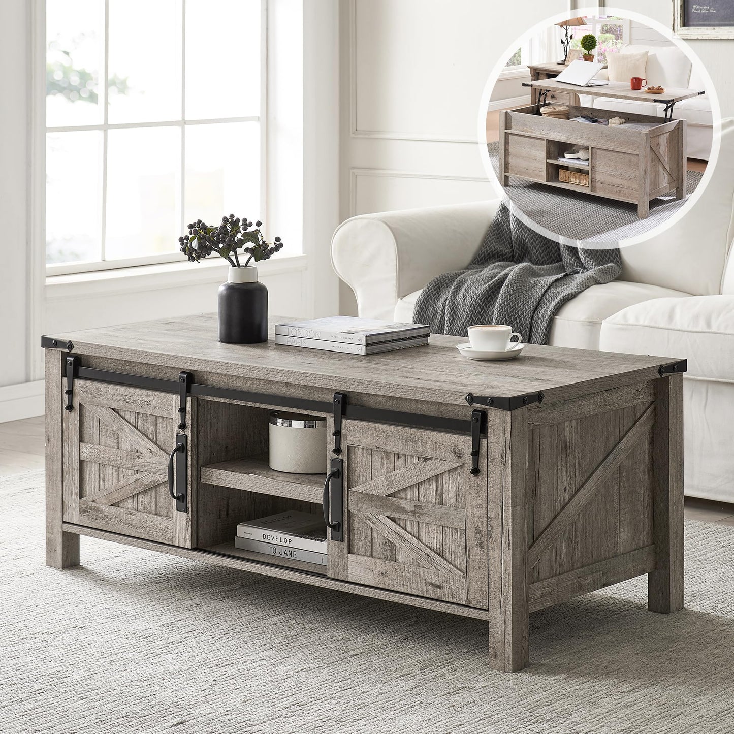 Light Rustic Oak - Farmhouse Lift Top Coffee Table