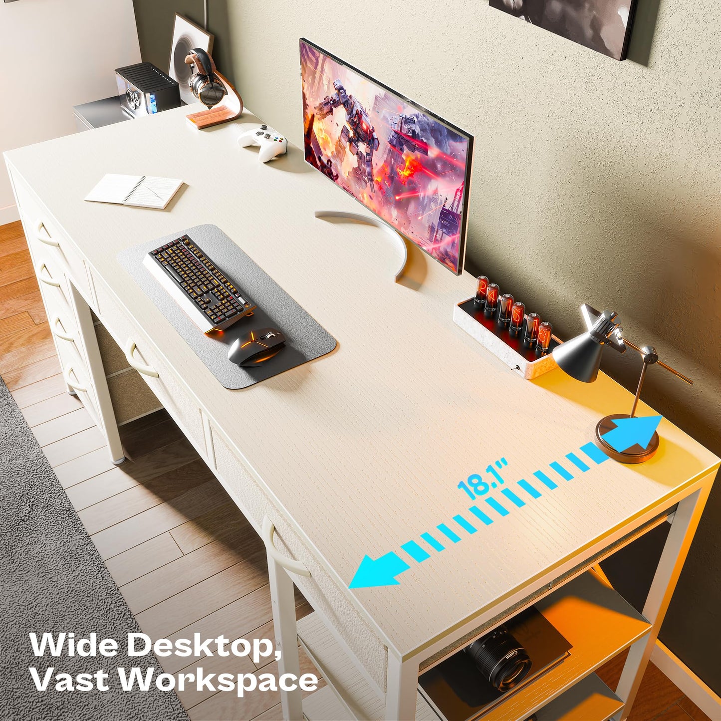 White - 54 inches Computer Desk with 6 Drawers