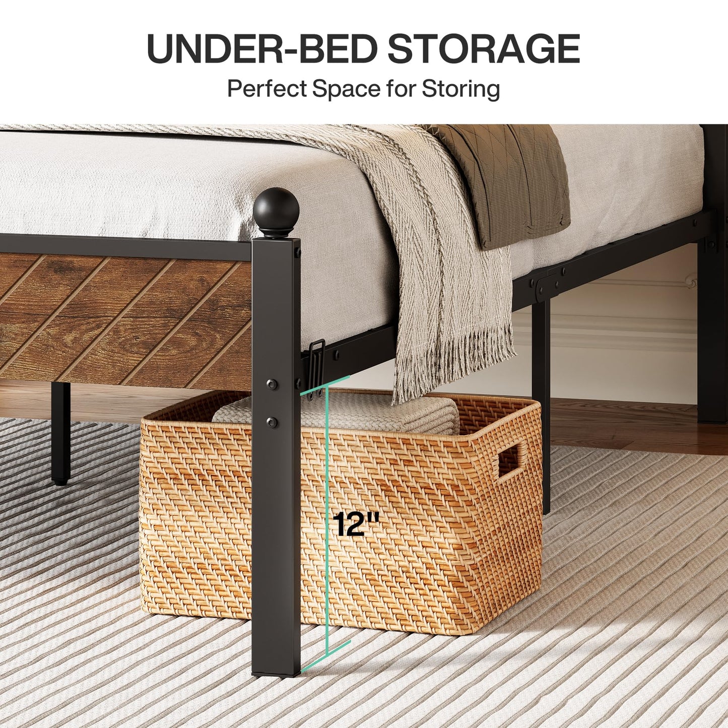 Bed Frame with Wooden Height-Adjustable Headboard and Footboard