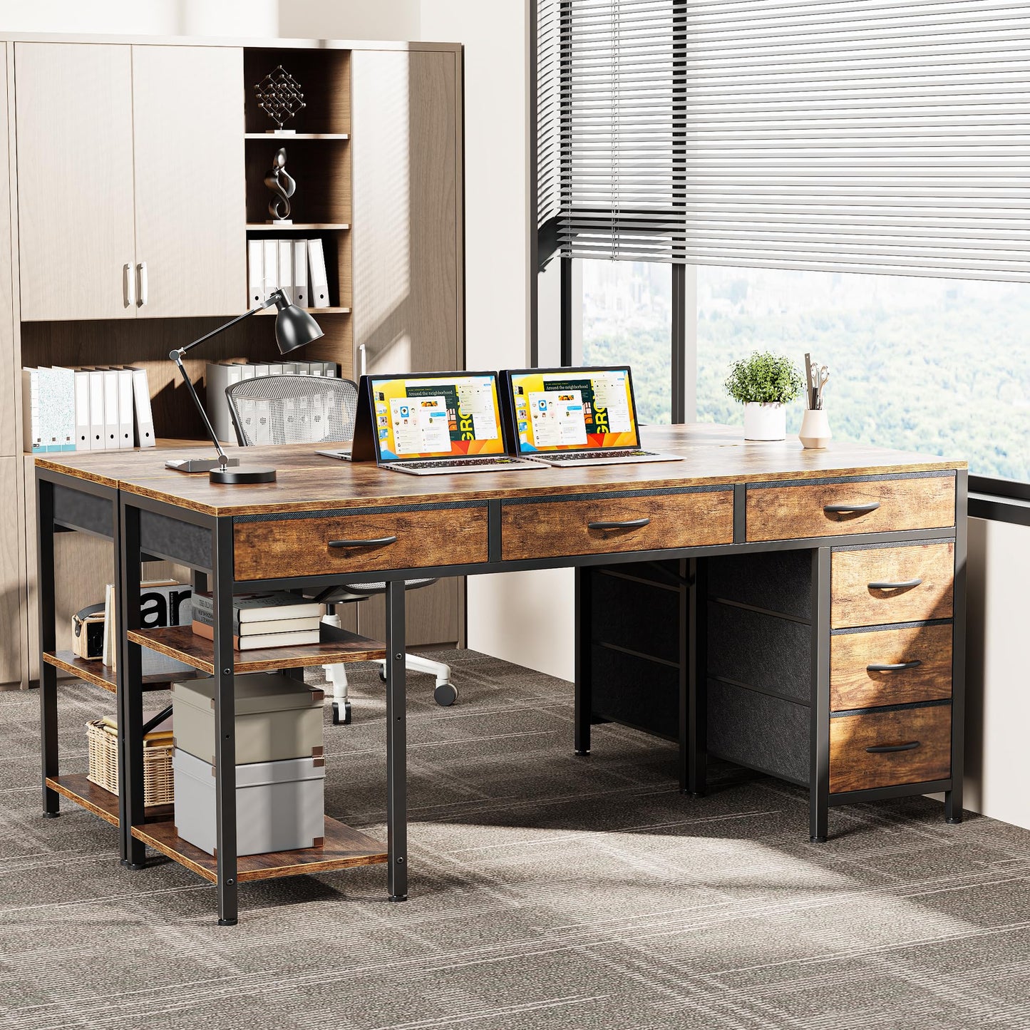Rustic Brown - 54 Inch Office Desk with 6 Drawers