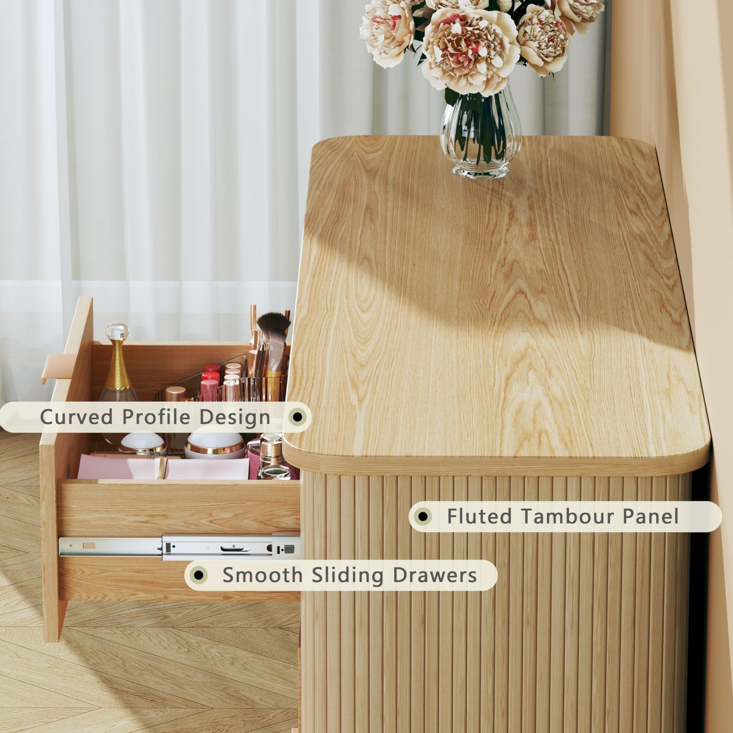 Fluted 6 Drawers Dresser for Bedroom - Curved Profile Design