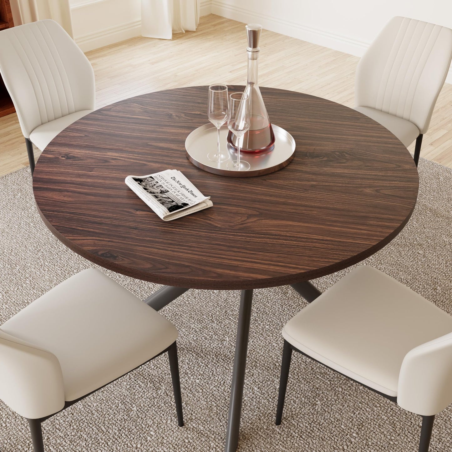 Walnut Table+4 White Chairs Dining Table