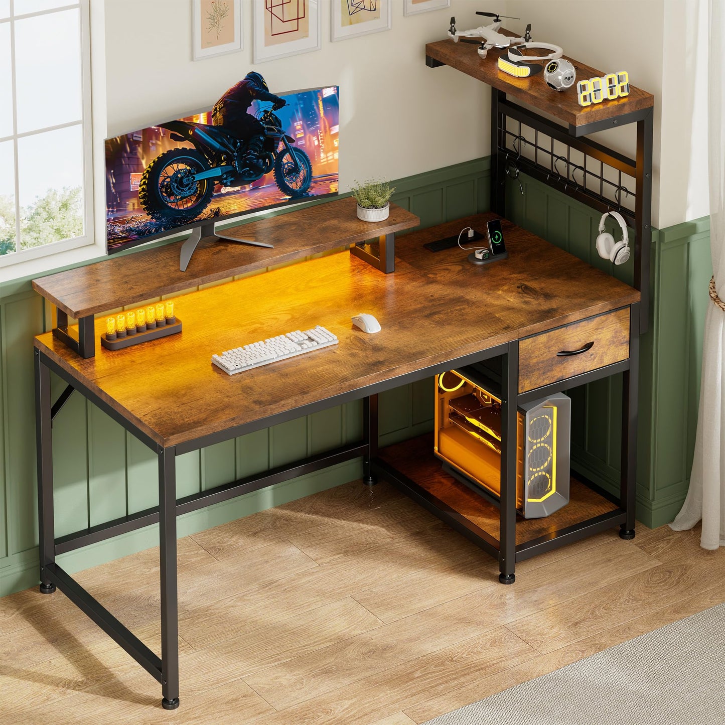 Rustic Brown Computer Desk with Drawer and Shelves
