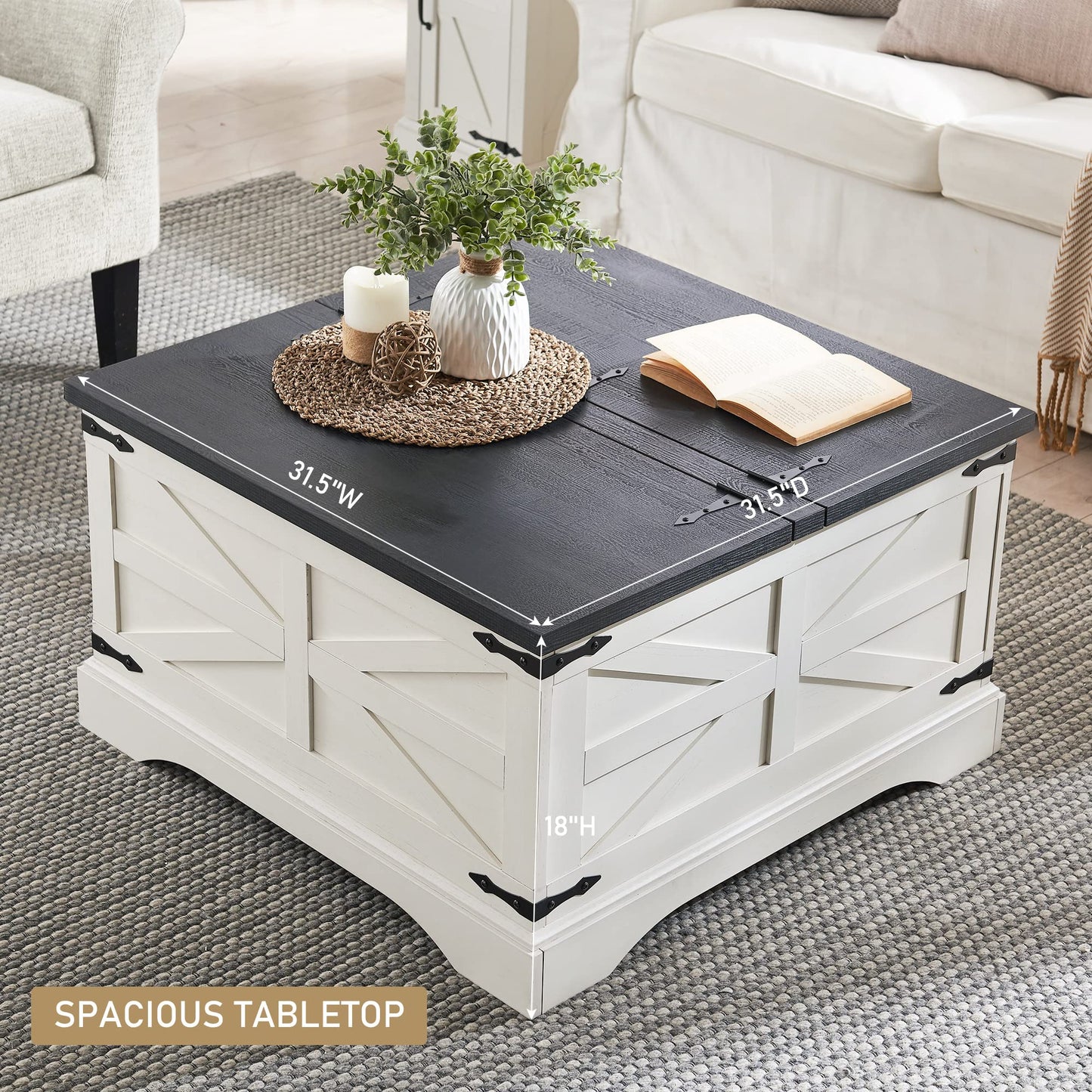 White Farmhouse Coffee Table, Square Wood Center