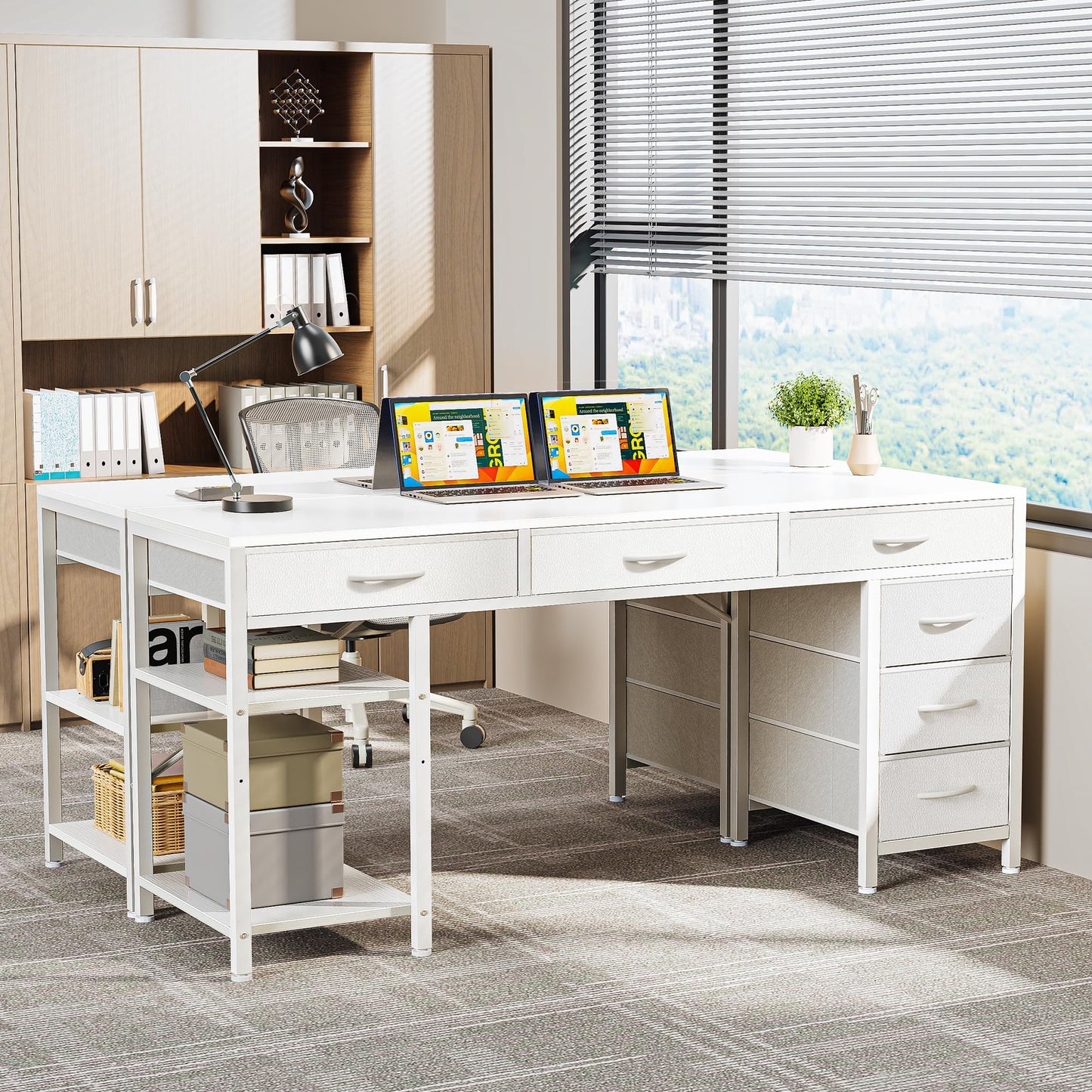 White - 54 inch Huuger Computer Desk with 6 Drawers