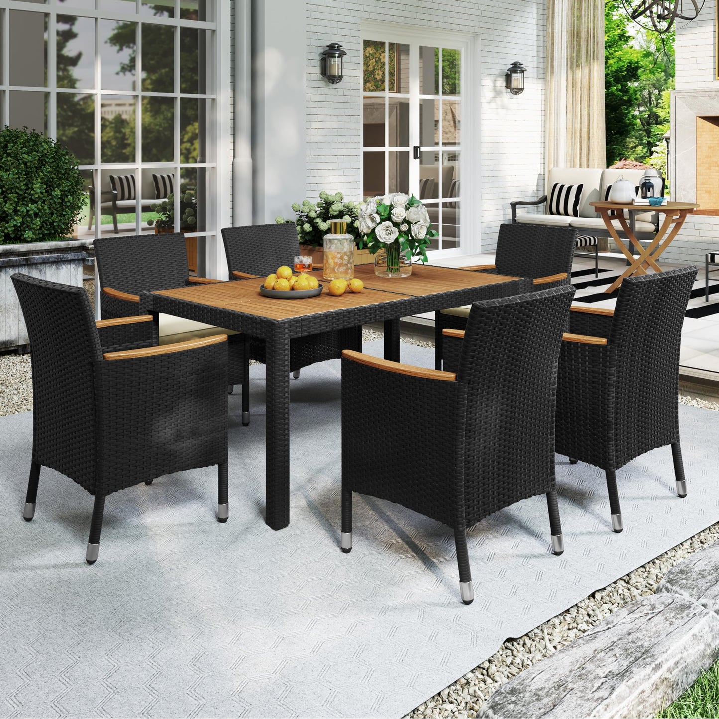 Black/Beige Dining Acacia Wood Table