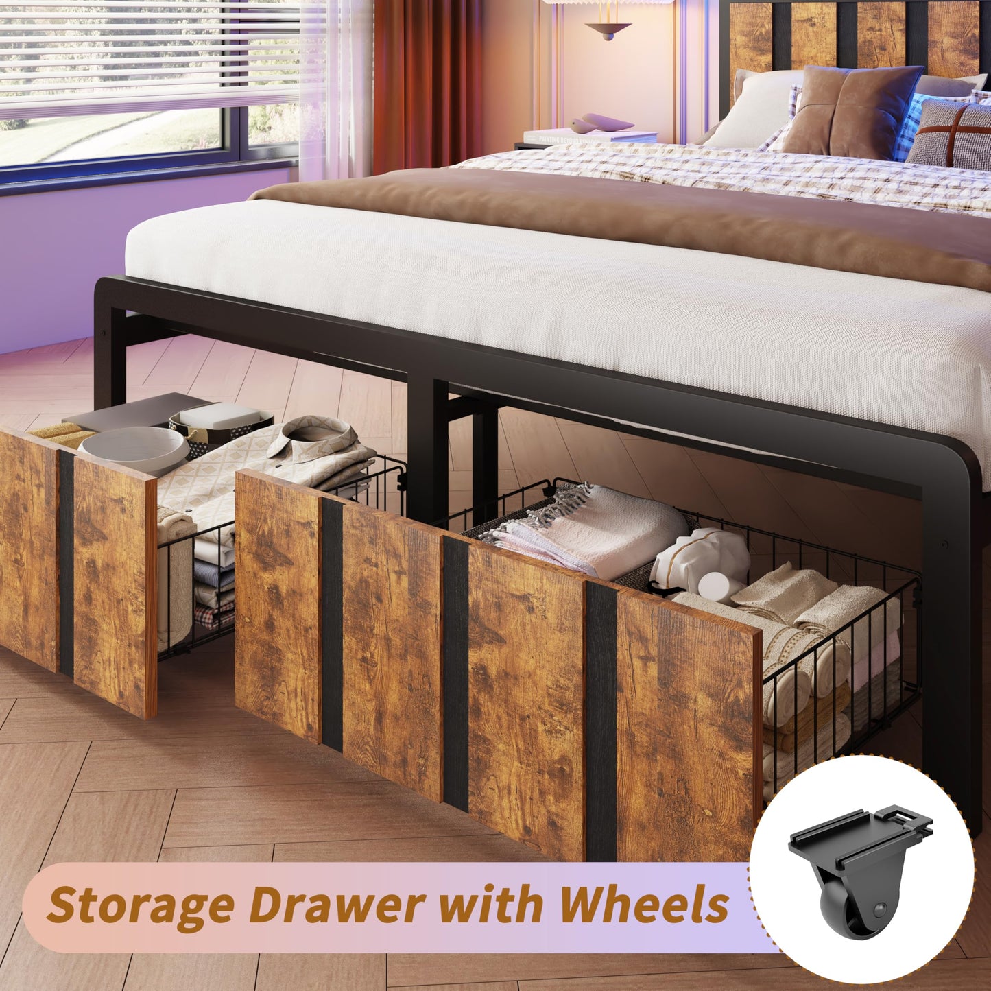 Bed Frame with Storage Headboard & Dual Built-in Storage Drawers