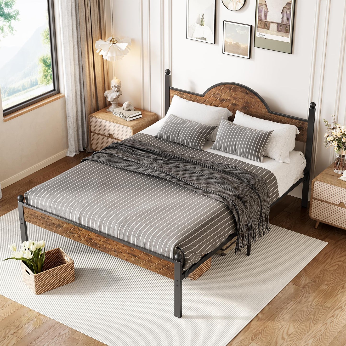 Bed Frame with Wooden Height-Adjustable Headboard and Footboard