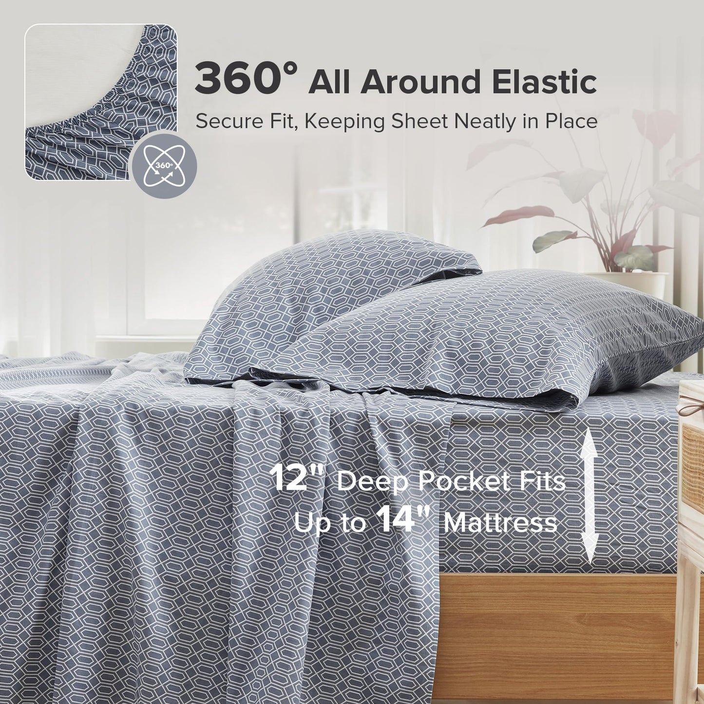 Comfort Spaces 100% Cotton Sheets Twin XL, Breathable, Naturally Cool Cotton Sheets, Soft Cotton Bed Sheets with 14" Elastic Pocket Fits up to 16" Mattress, All Seasons Sheet Set, Diamond Blue 3 Piece